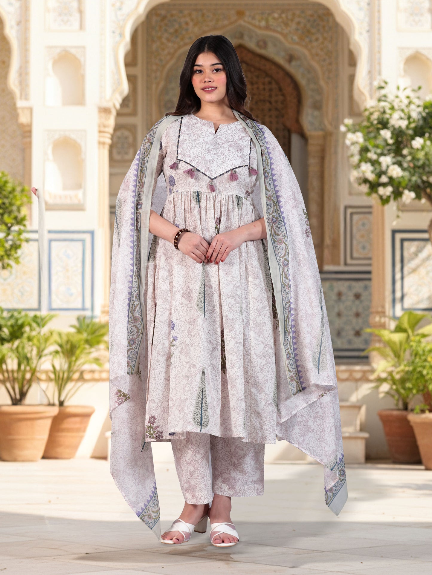 Soft Cotton Floral Flared Off White Kurta