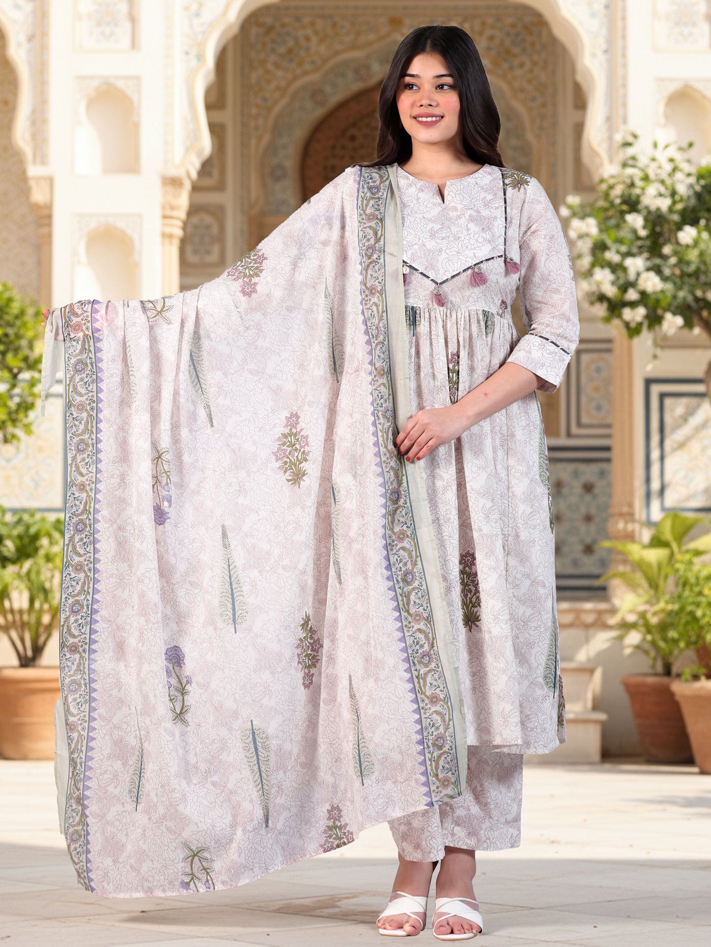 Soft Cotton Floral Flared Off White Kurta