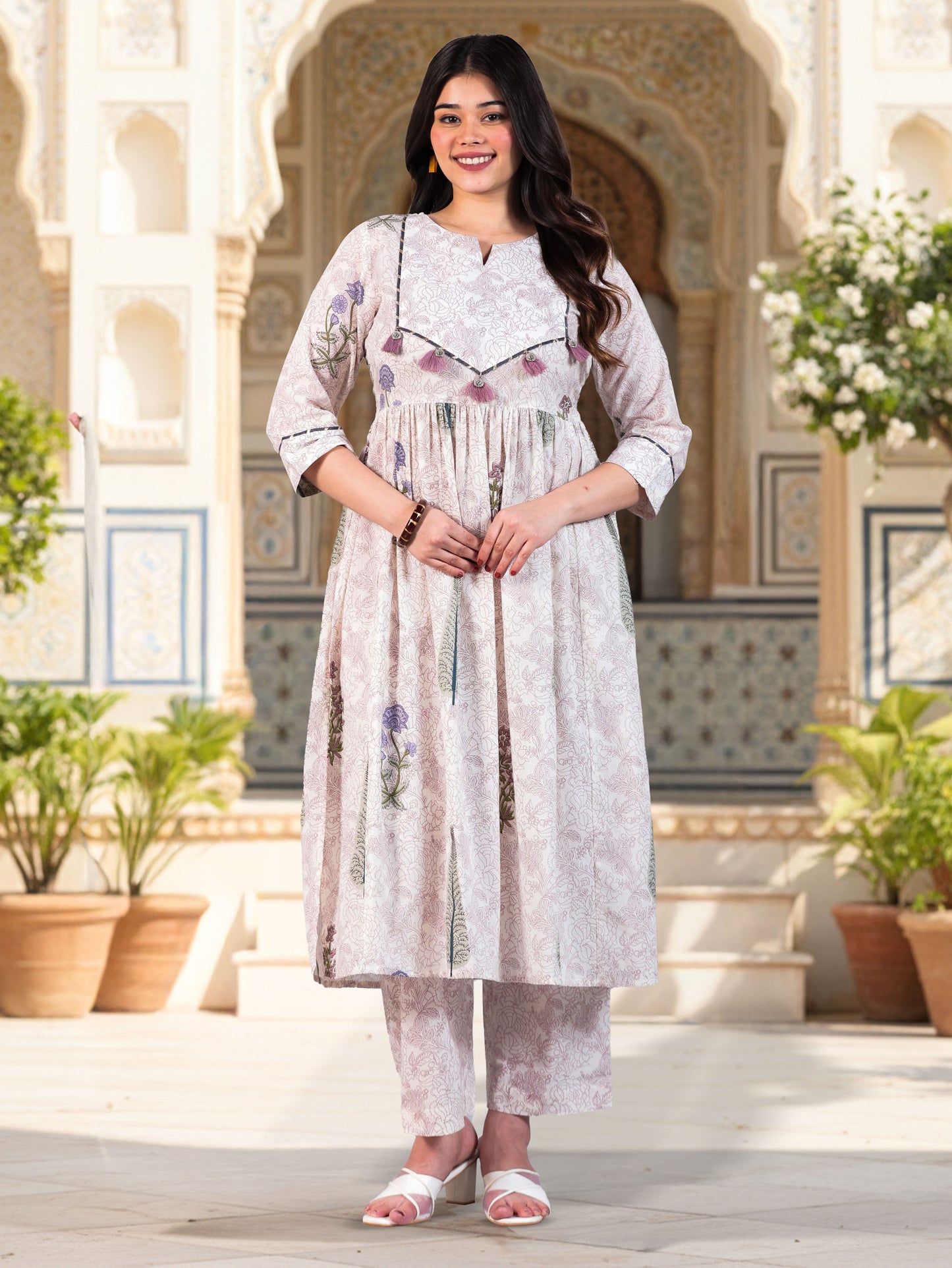 Soft Cotton Floral Flared Off White Kurta