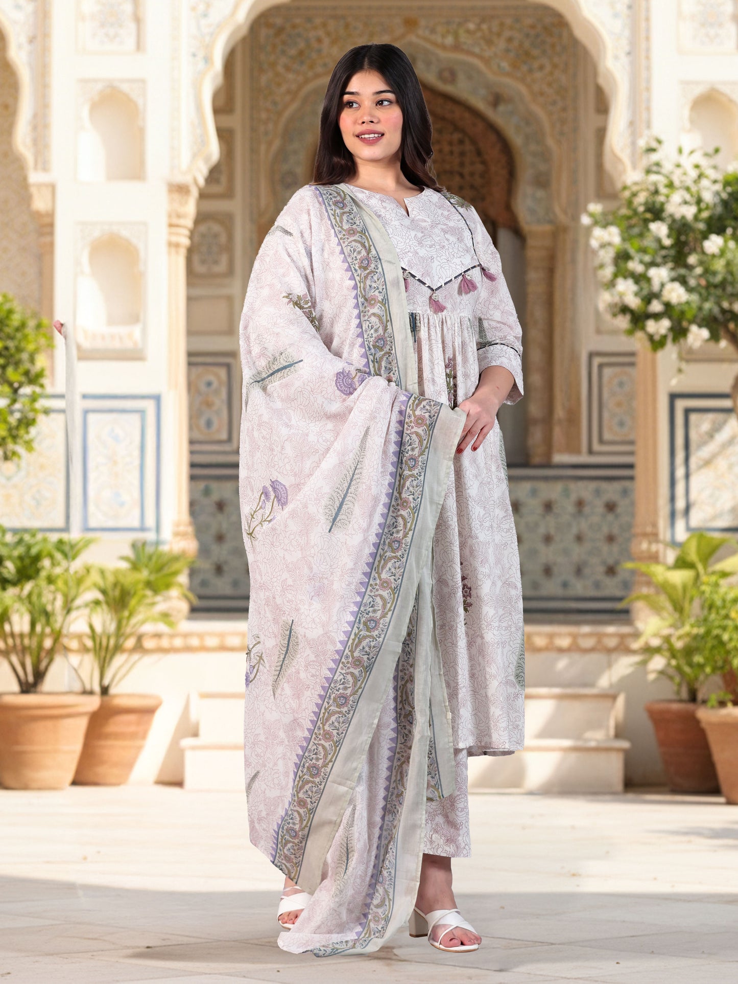 Soft Cotton Floral Flared Off White Kurta