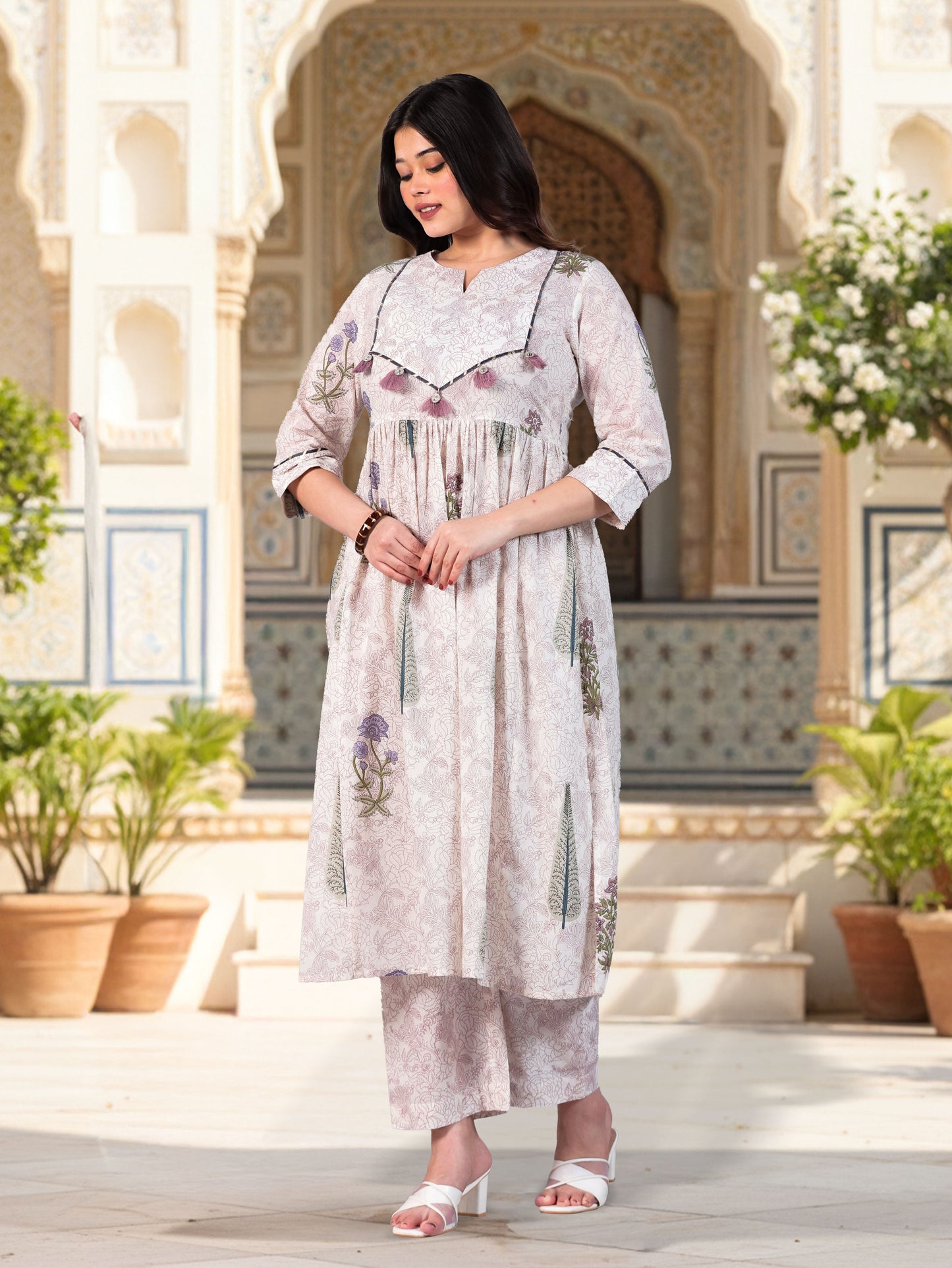 Soft Cotton Floral Flared Off White Kurta