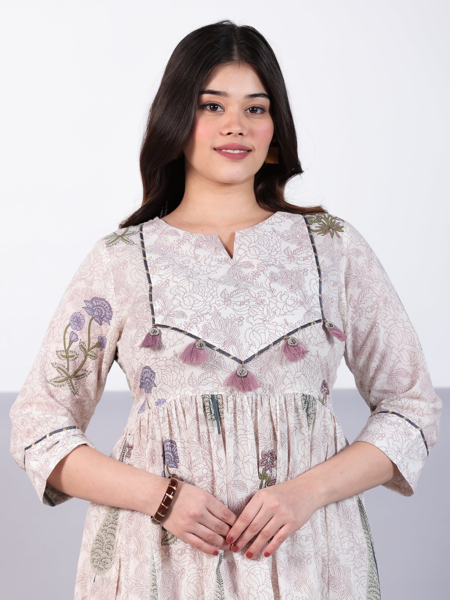 Soft Cotton Floral Flared Off White Kurta