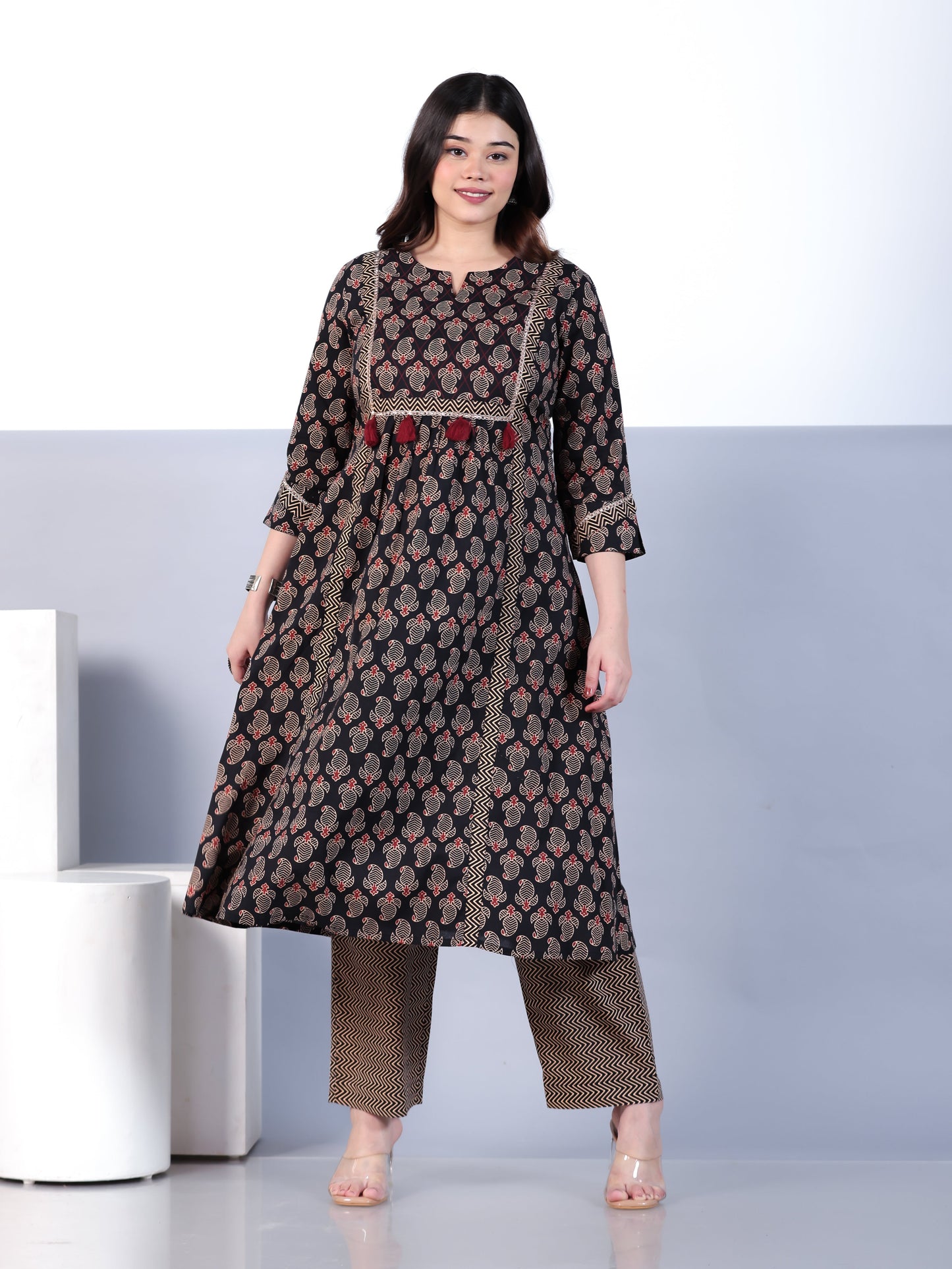 Soft Cotton Paisley Flared Navy Blue Kurta