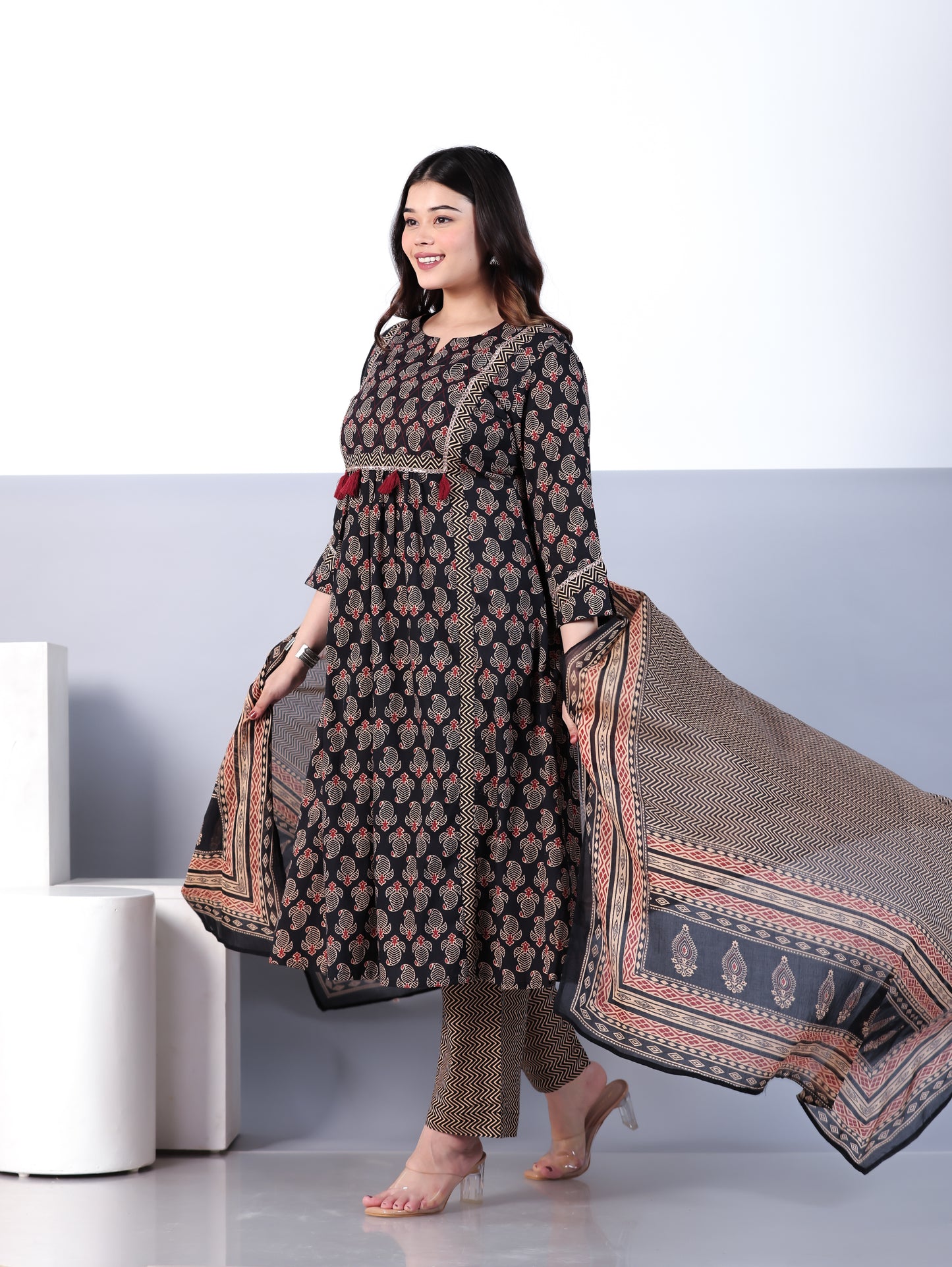 Soft Cotton Paisley Flared Navy Blue Kurta