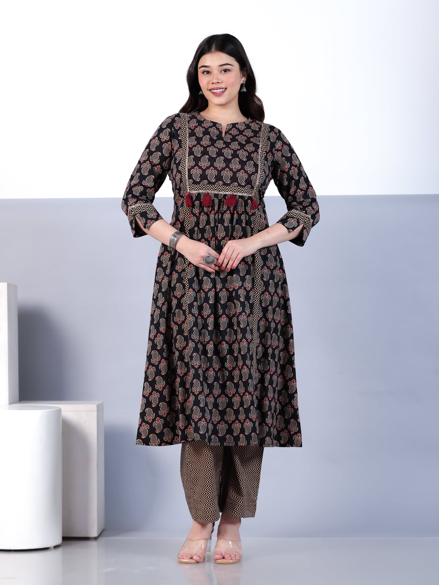 Soft Cotton Paisley Flared Navy Blue Kurta