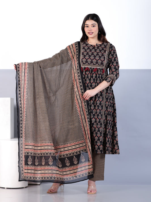 Soft Cotton Paisley Flared Navy Blue Kurta