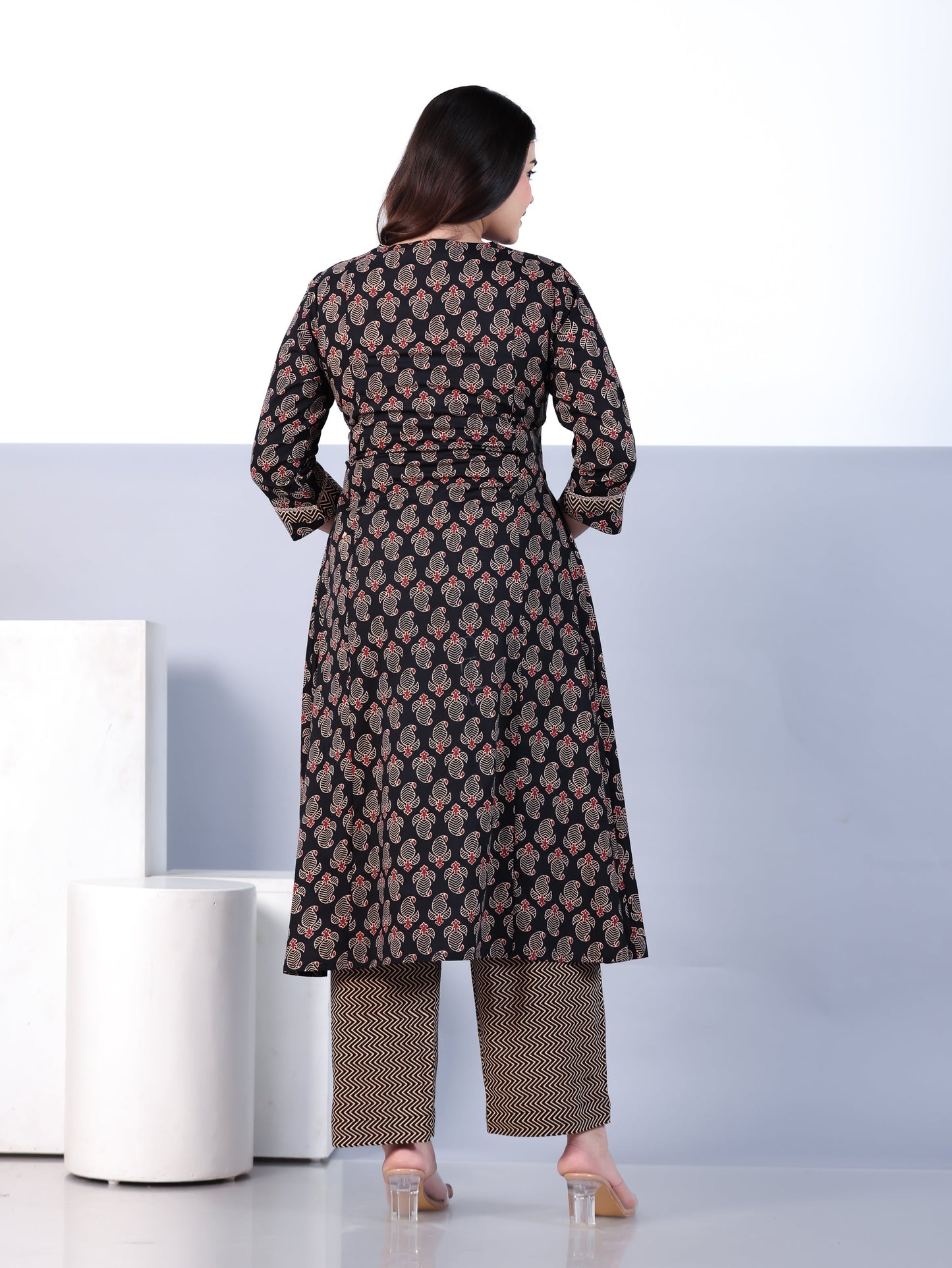 Soft Cotton Paisley Flared Navy Blue Kurta
