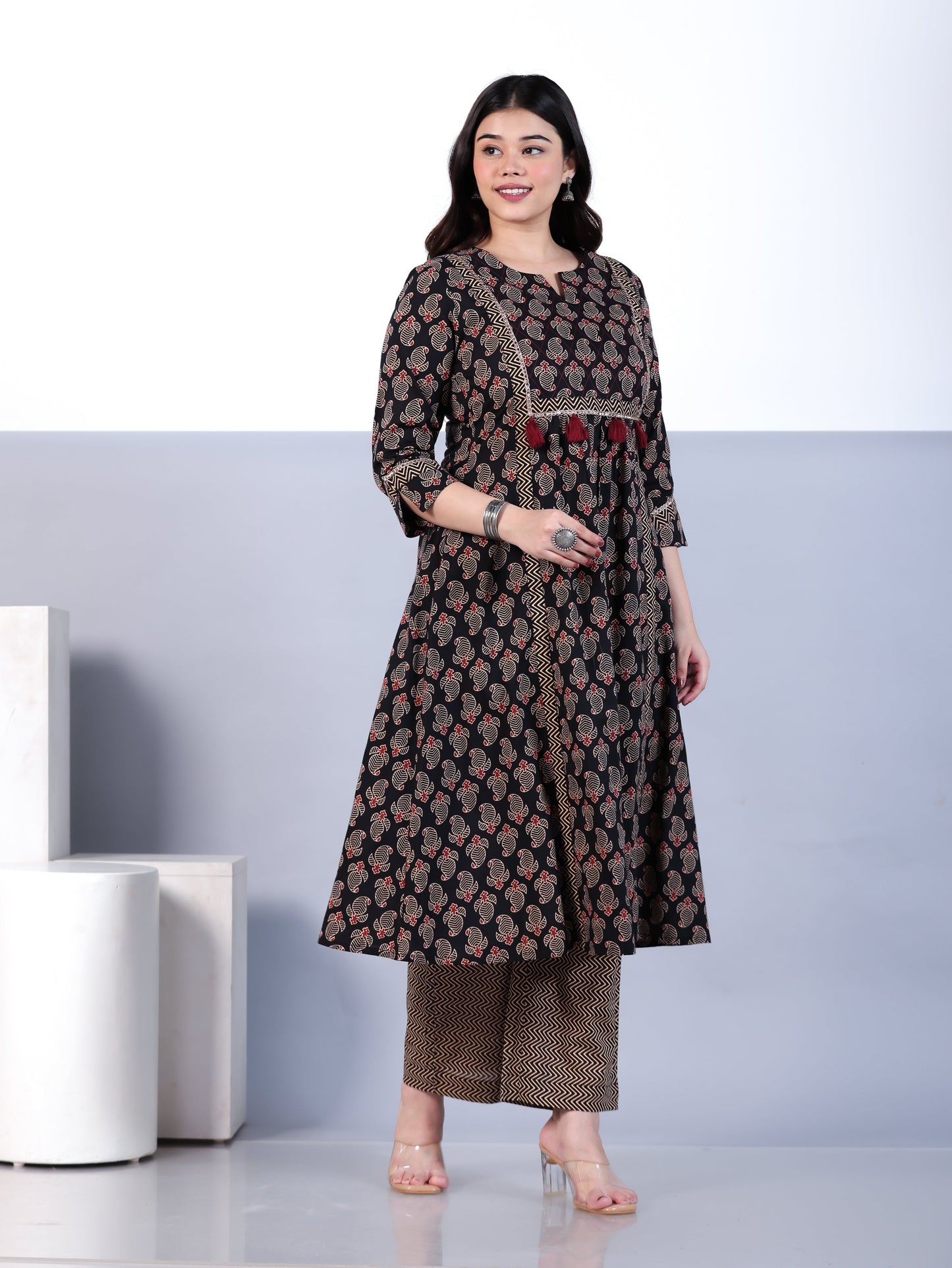 Soft Cotton Paisley Flared Navy Blue Kurta
