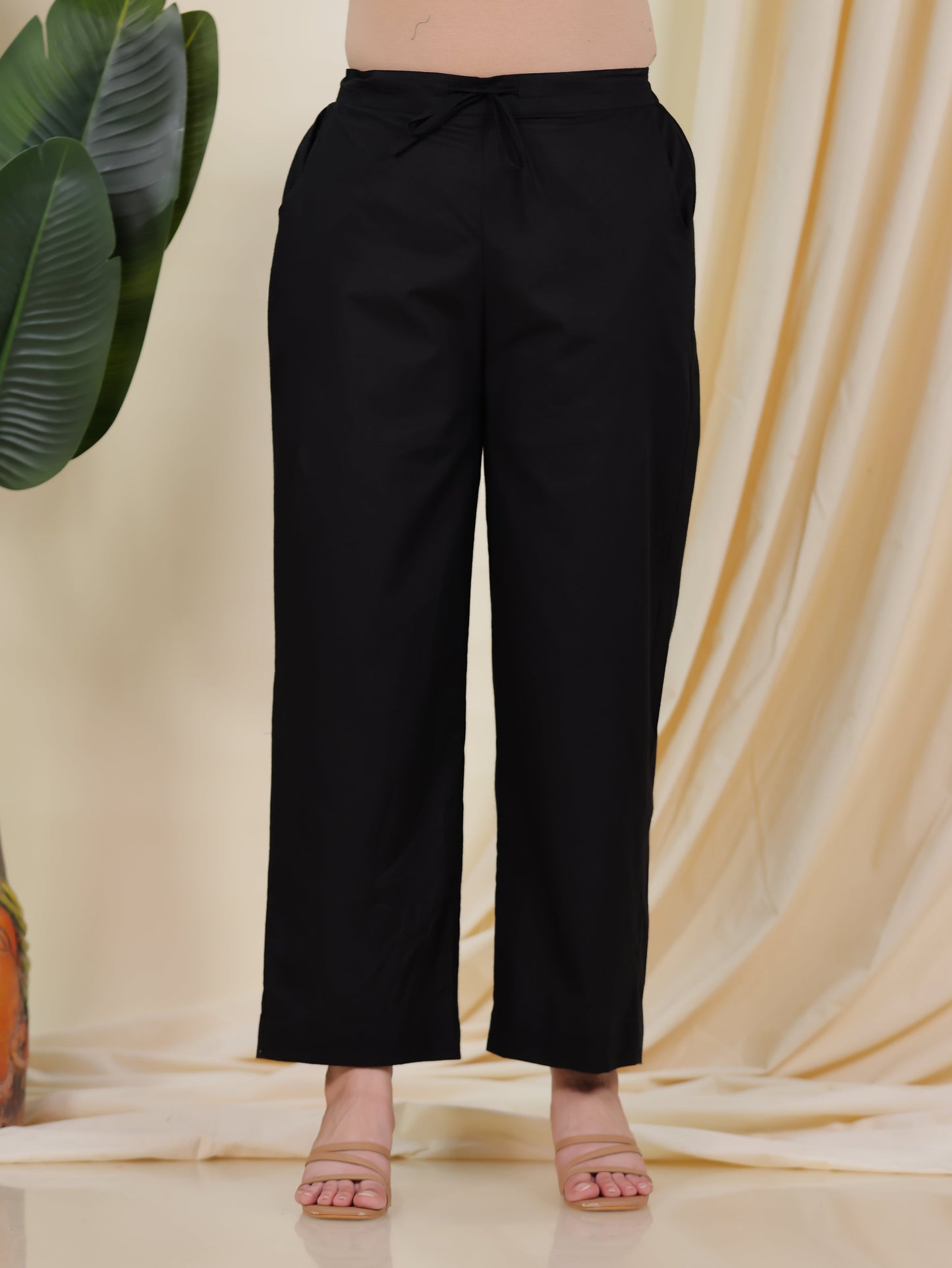 Soft Cotton Solid Black Straight Trousers