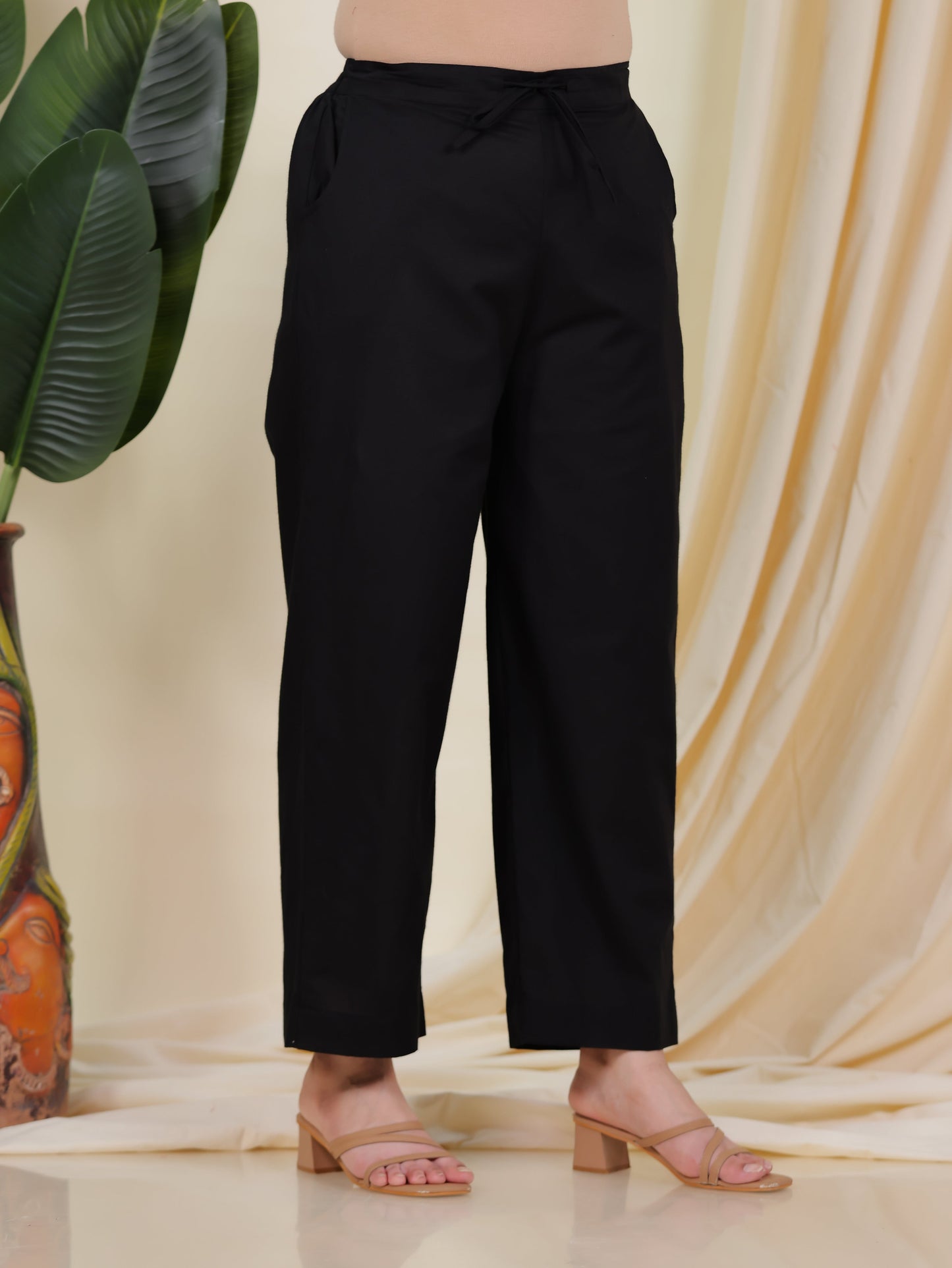 Soft Cotton Solid Black Straight Trousers
