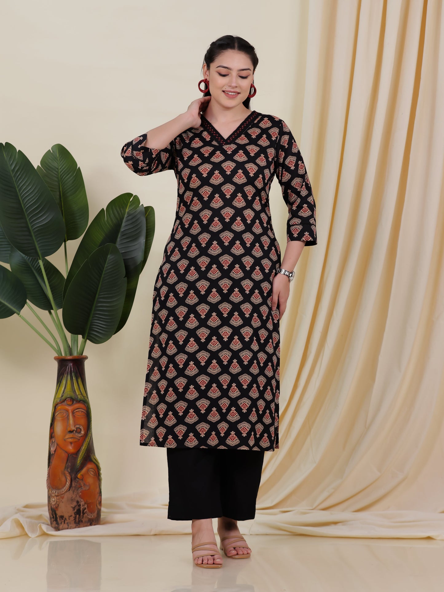 Soft Cotton Geometric A-line Black Kurta