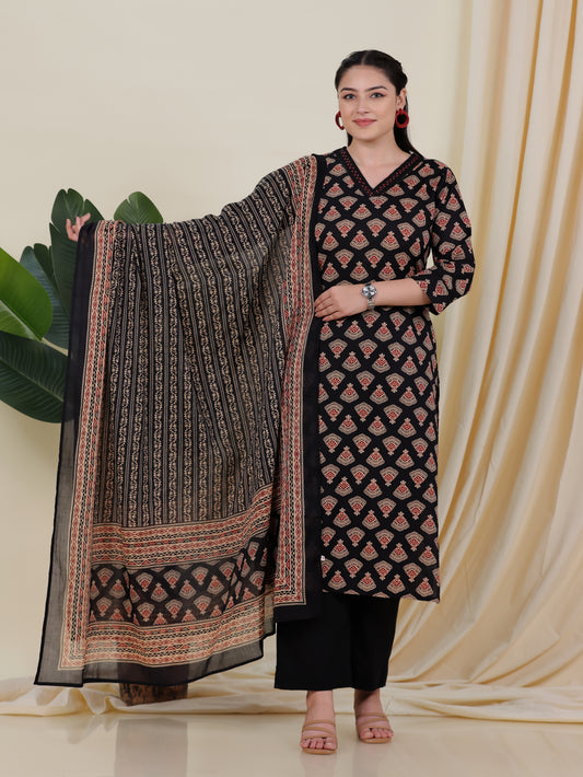 Soft Cotton Geometric A-line Black Kurta