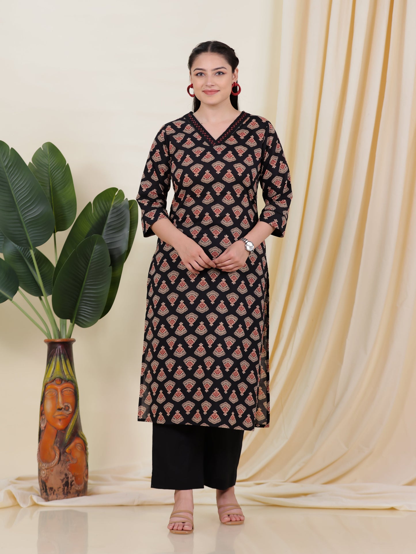 Soft Cotton Geometric A-line Black Kurta