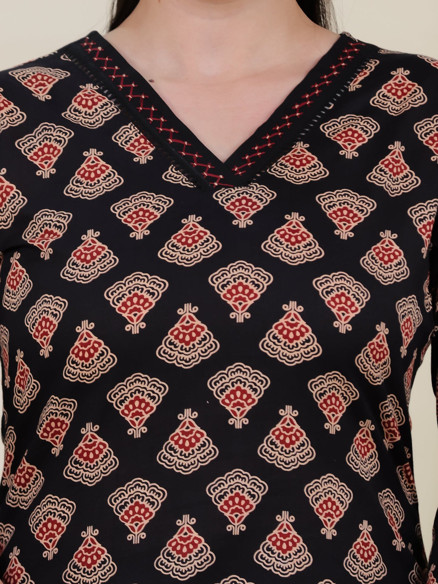 Soft Cotton Geometric A-line Black Kurta