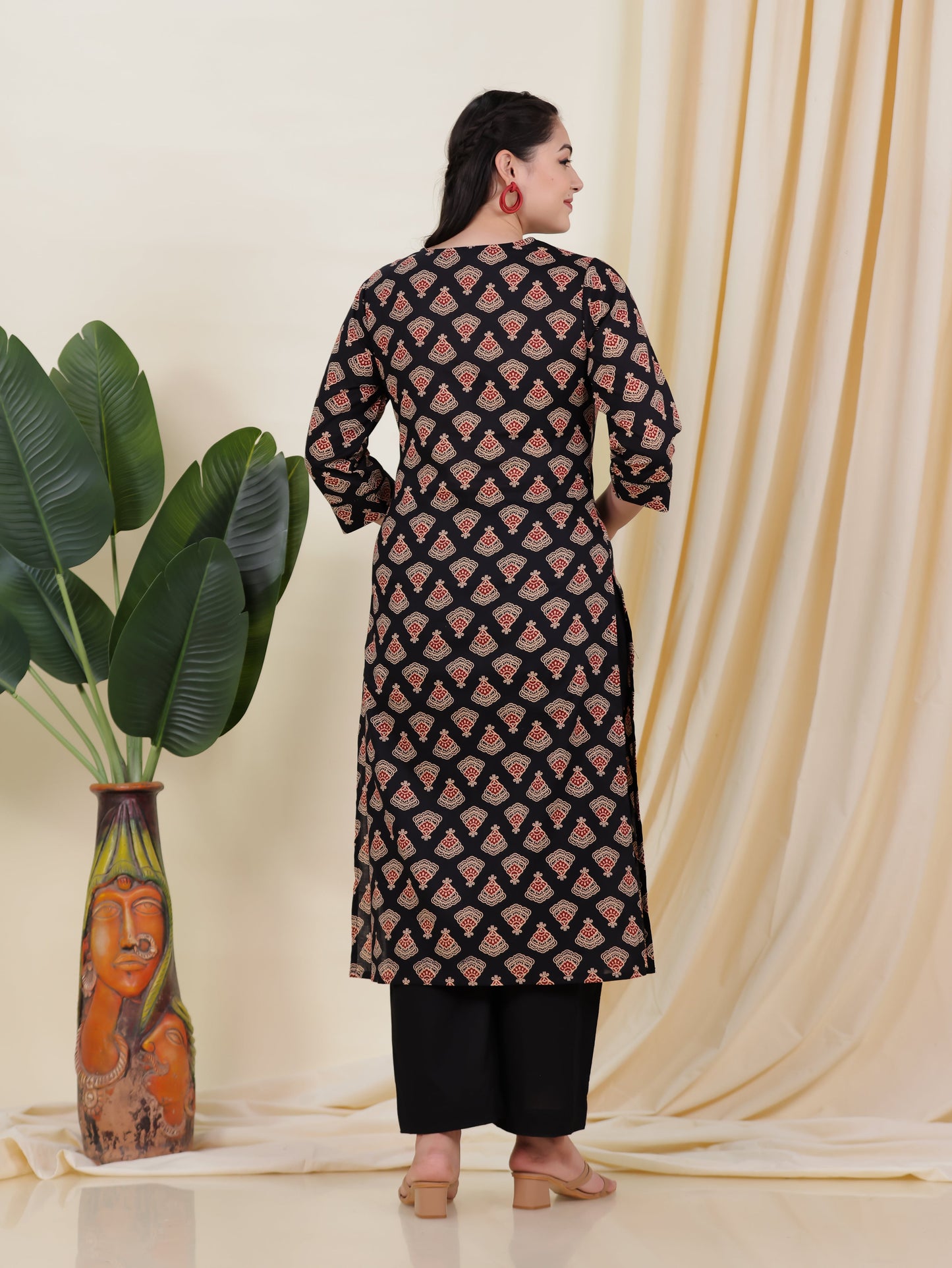 Soft Cotton Geometric A-line Black Kurta
