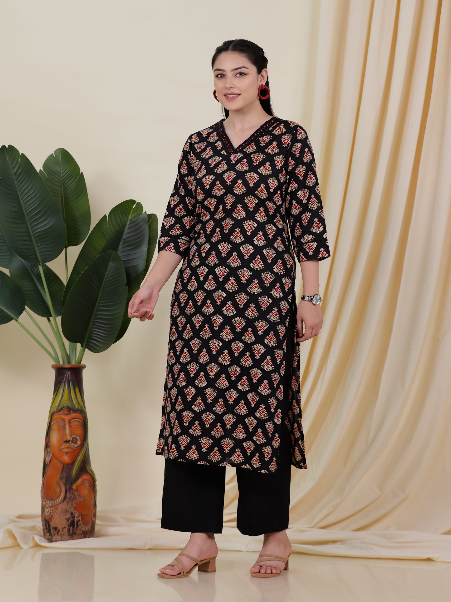 Soft Cotton Geometric A-line Black Kurta
