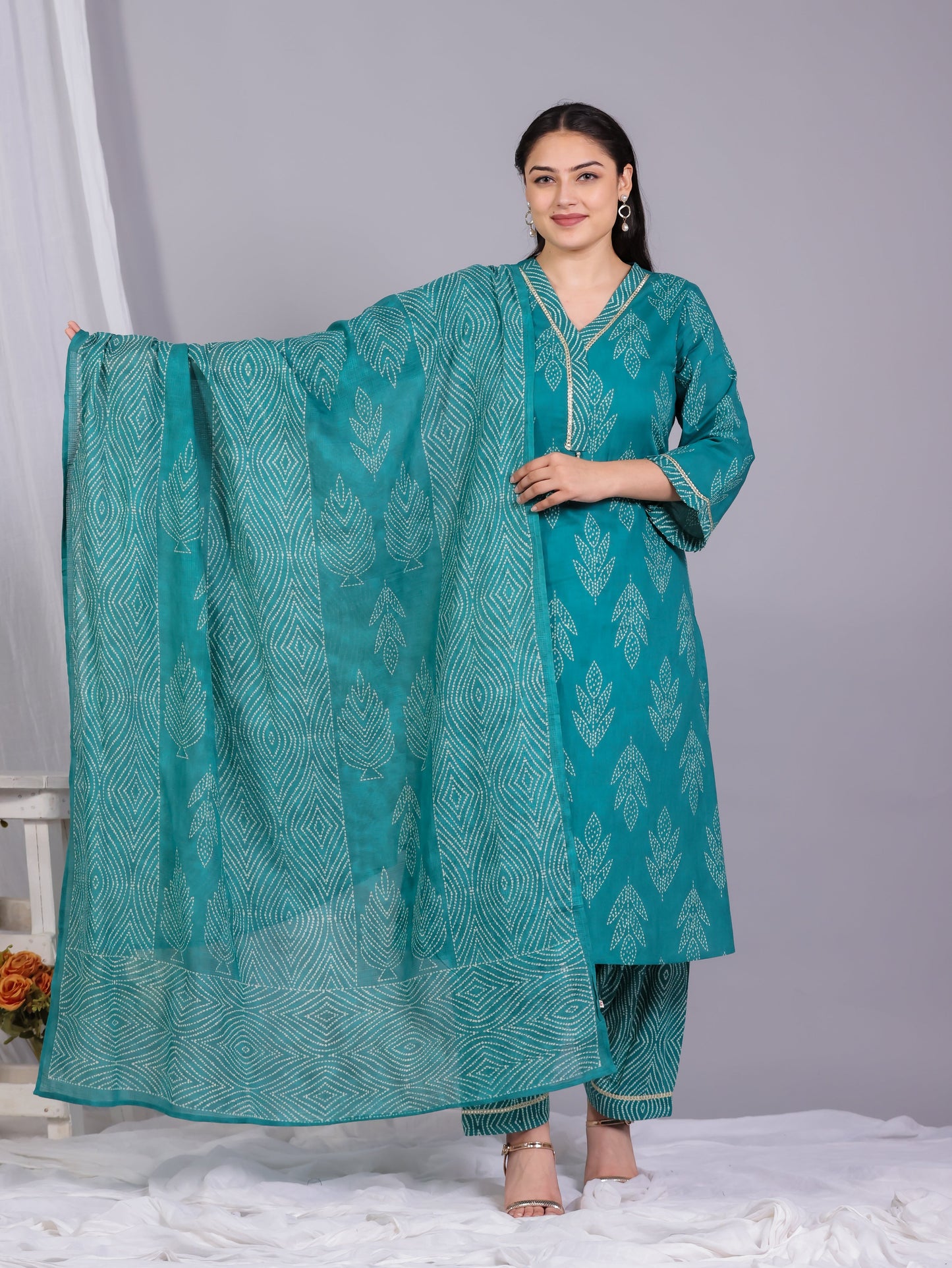 Kota Doria Bandhani Turquoise Dupatta