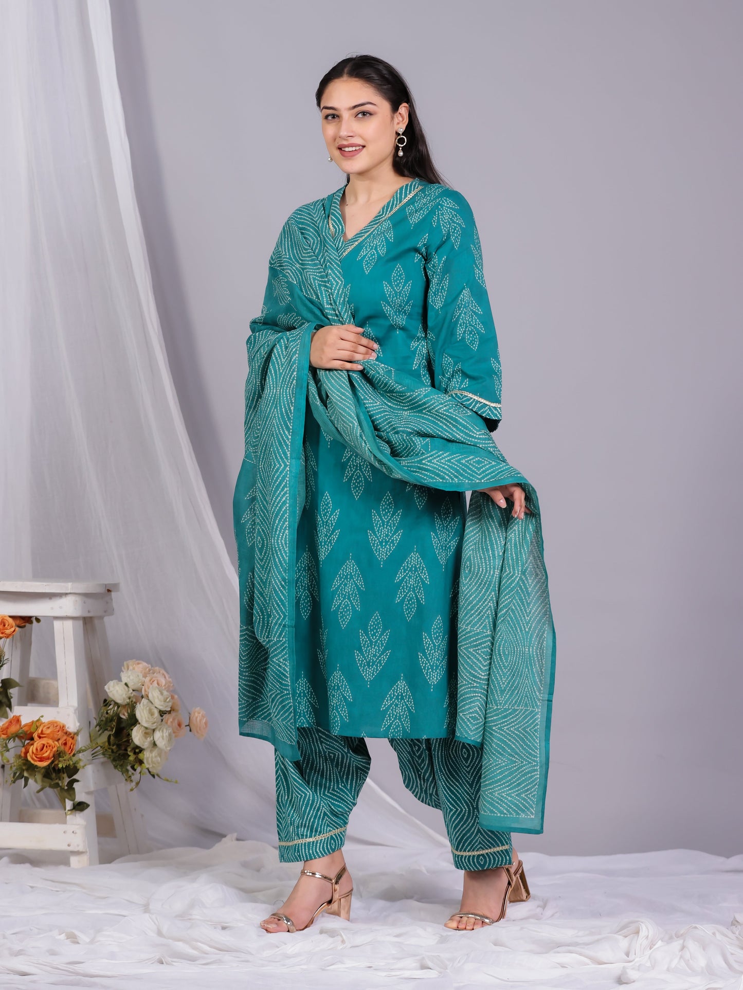 Kota Doria Bandhani Turquoise Dupatta