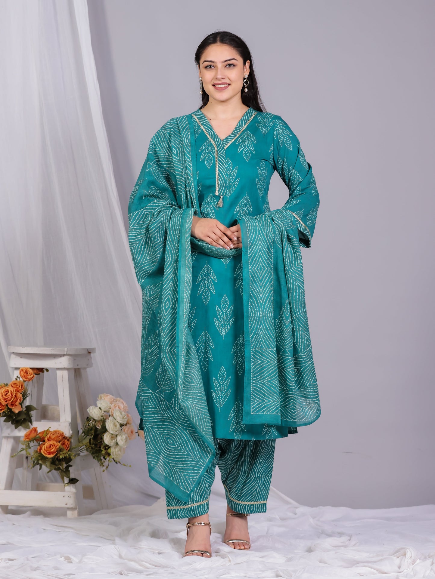 Kota Doria Bandhani Turquoise Dupatta