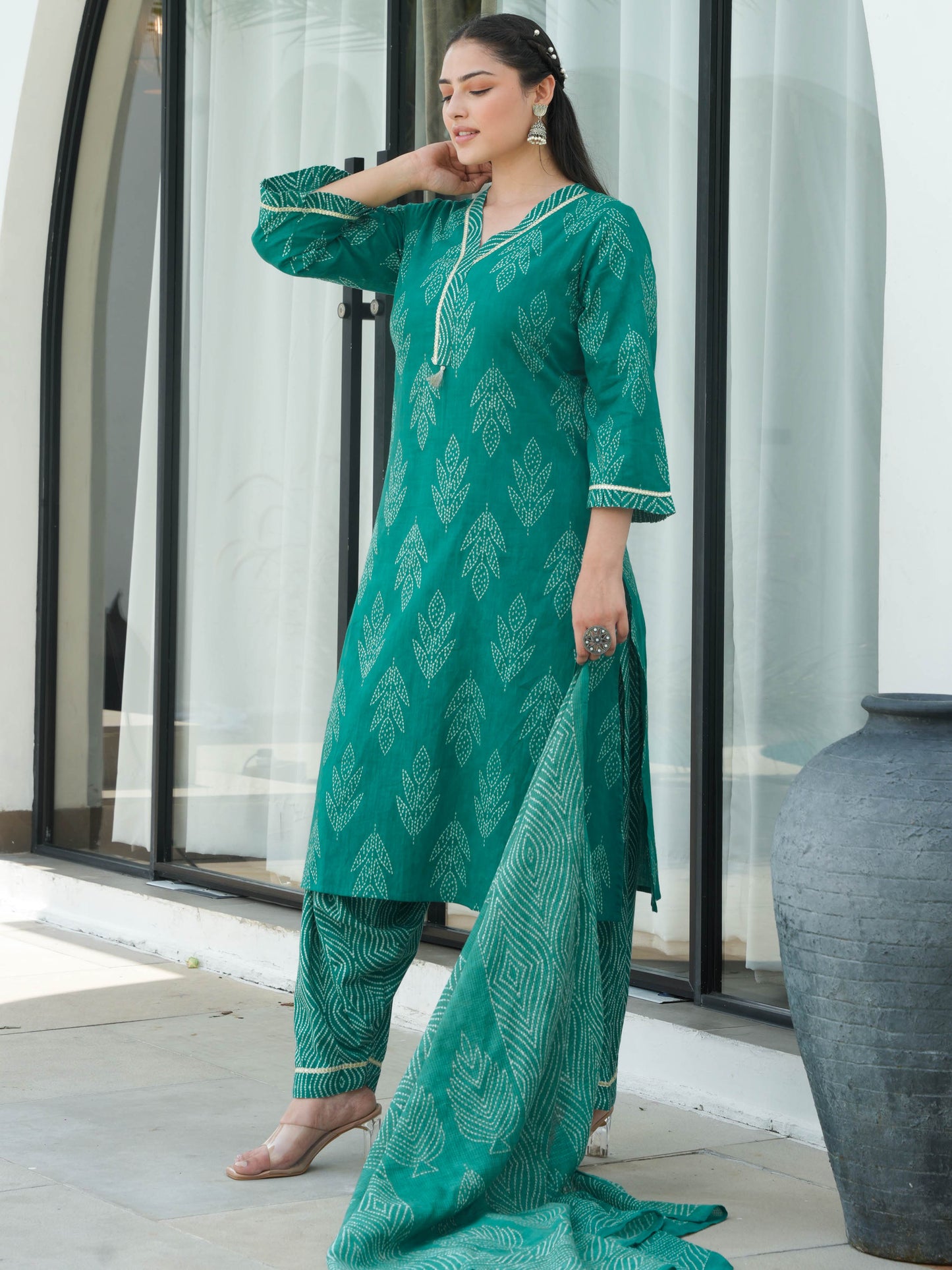 Soft Cotton Bandhani A-line Turquoise Kurta
