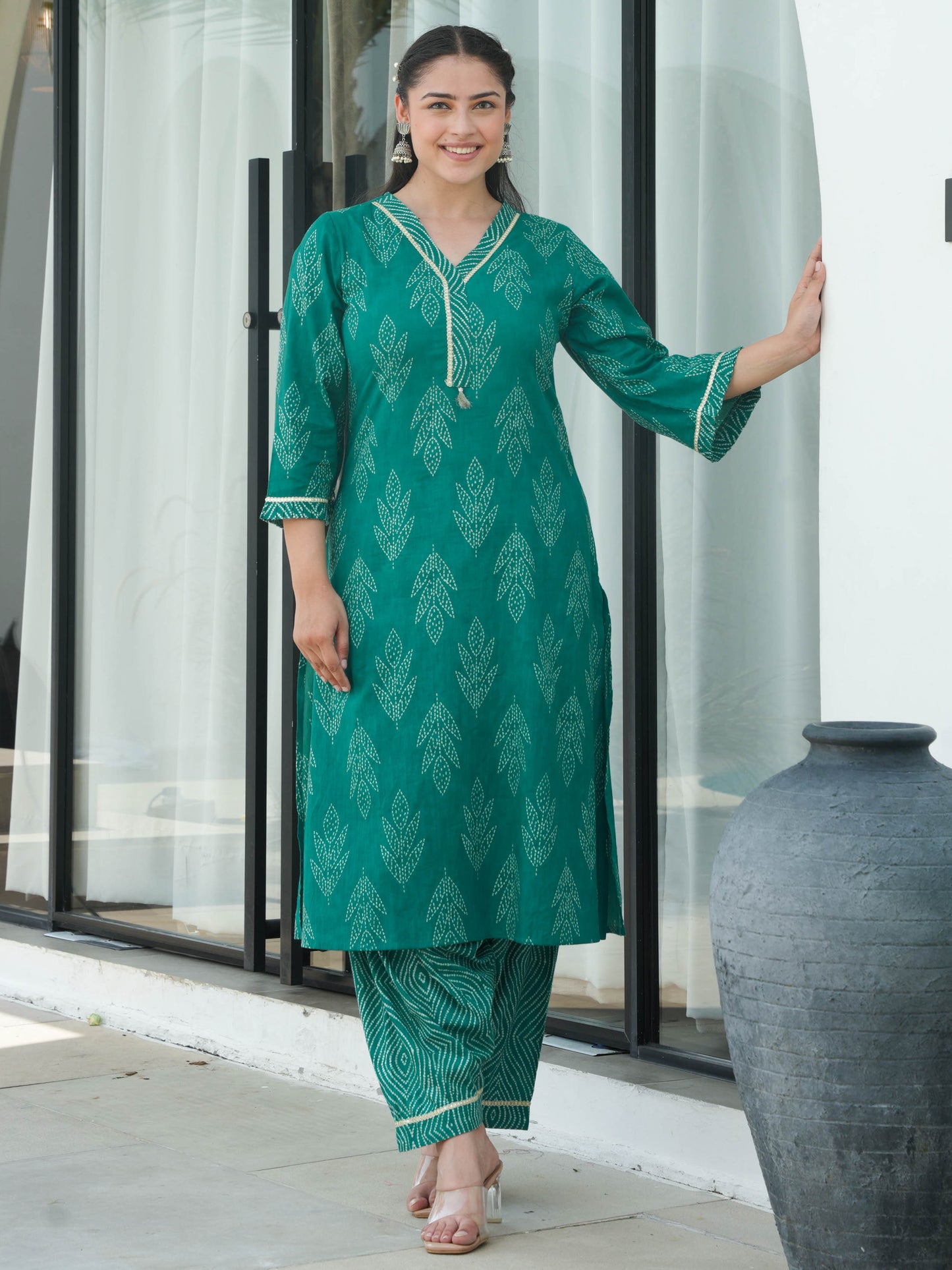 Soft Cotton Bandhani A-line Turquoise Kurta
