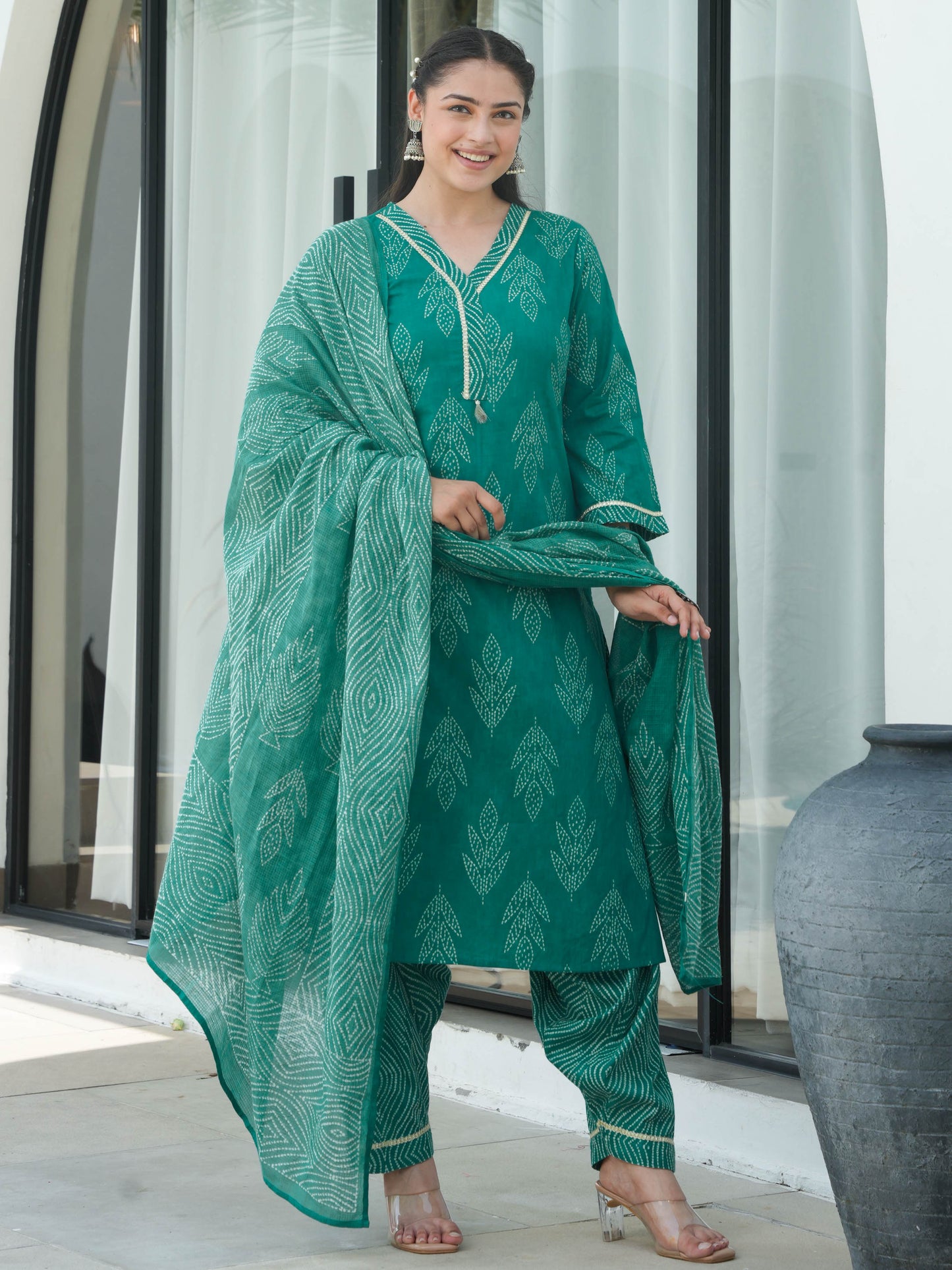 Soft Cotton Bandhani A-line Turquoise Kurta