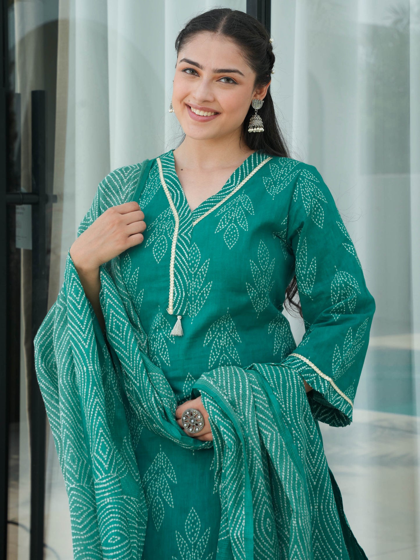 Soft Cotton Bandhani A-line Turquoise Kurta