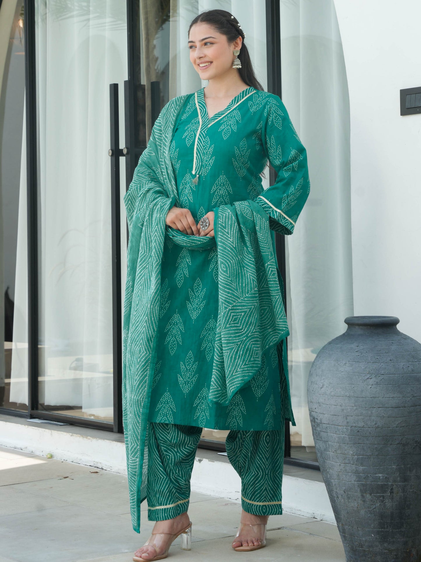 Soft Cotton Bandhani A-line Turquoise Kurta