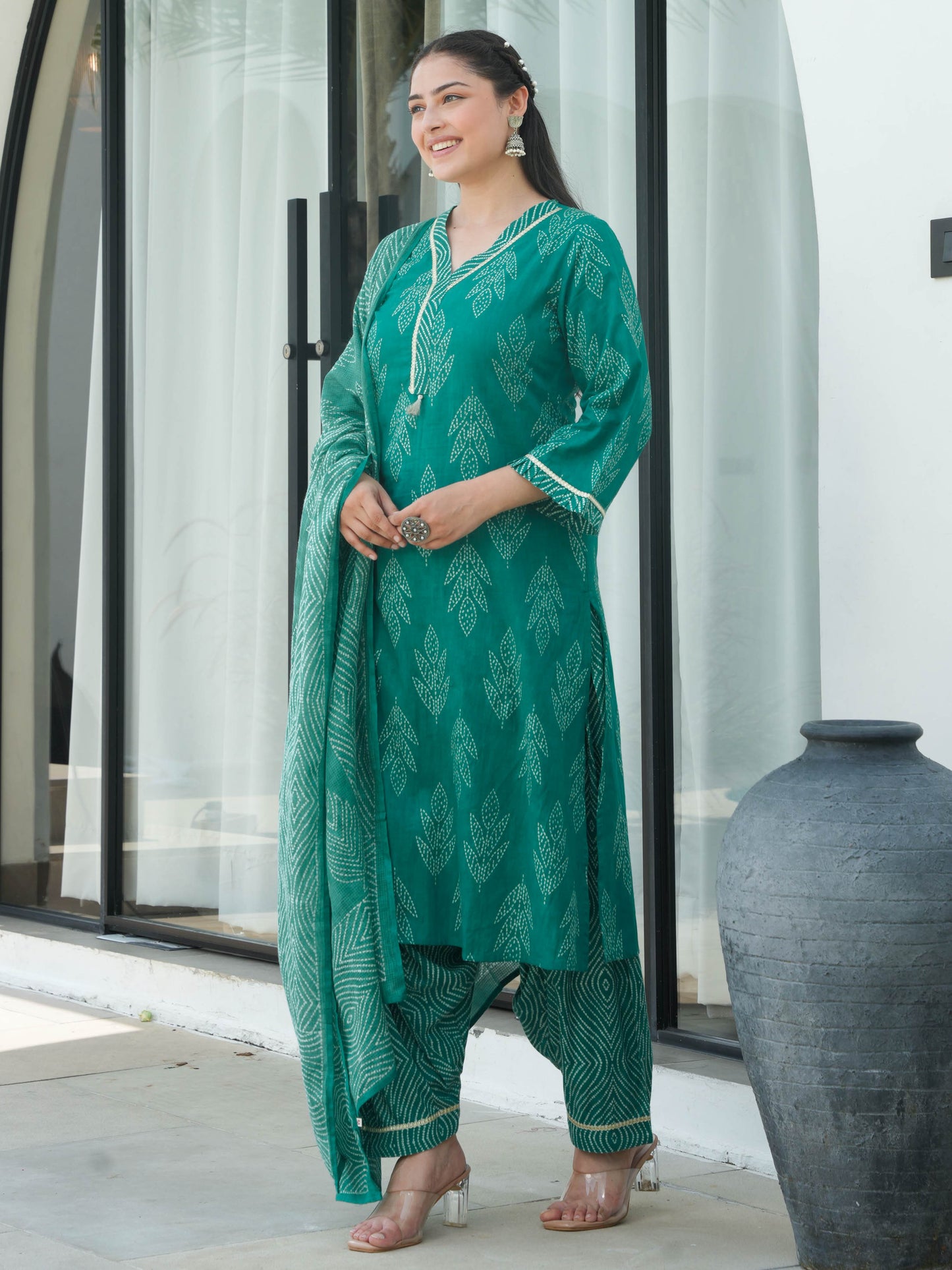 Soft Cotton Bandhani A-line Turquoise Kurta