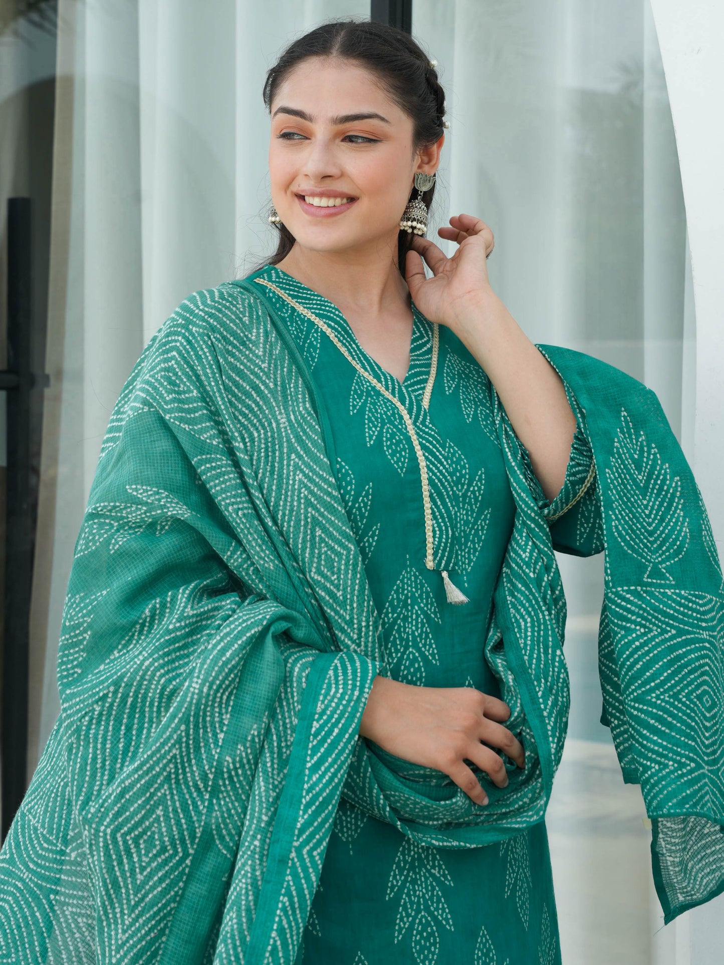 Soft Cotton Bandhani A-line Turquoise Kurta