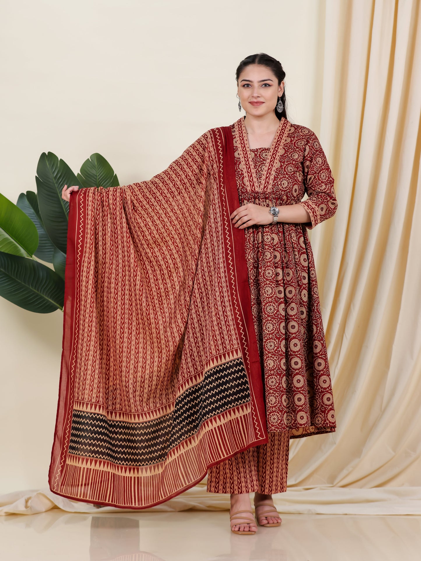 Cotton Voile Border print Rust Dupatta