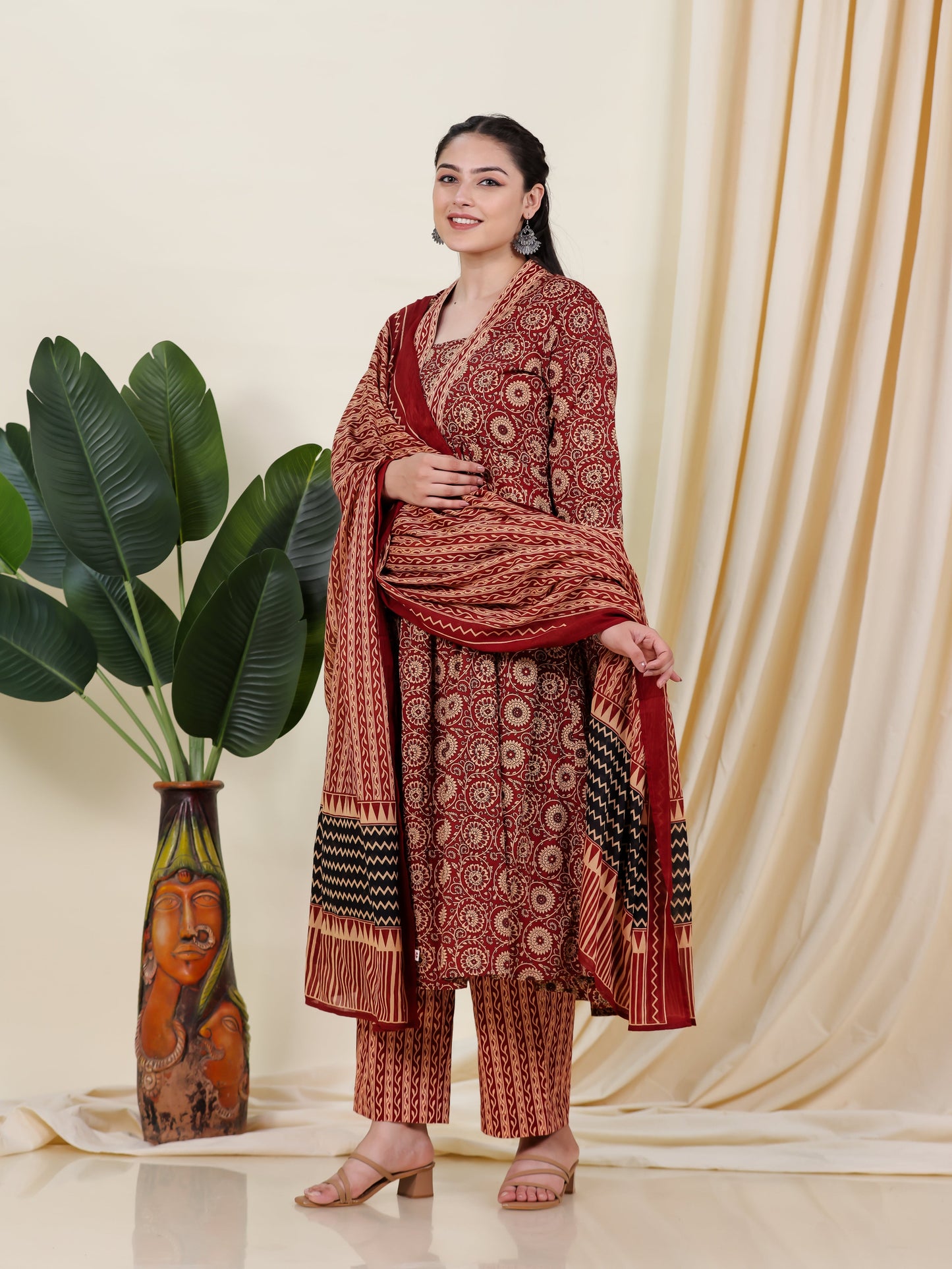 Soft Cotton Floral Anarkali Rust Kurta
