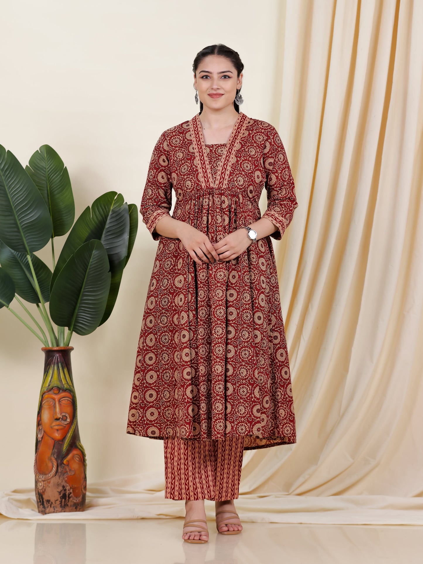 Soft Cotton Floral Anarkali Rust Kurta