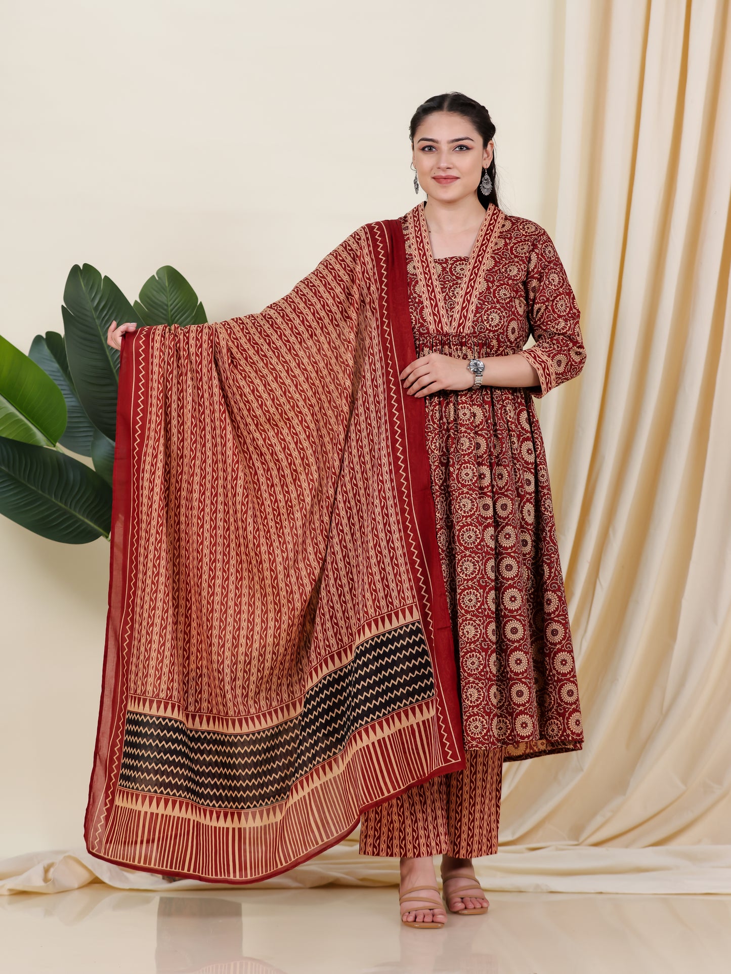 Soft Cotton Floral Anarkali Rust Kurta