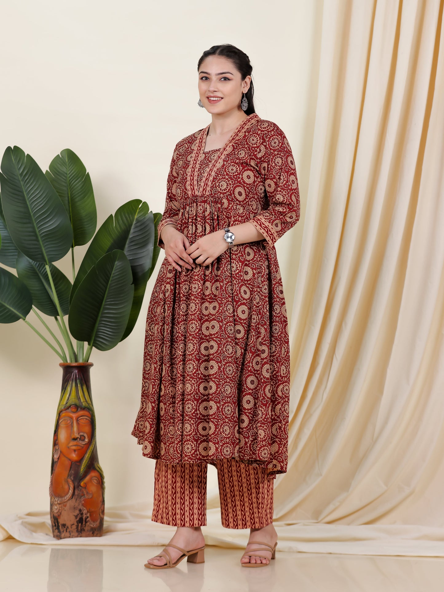 Soft Cotton Floral Anarkali Rust Kurta