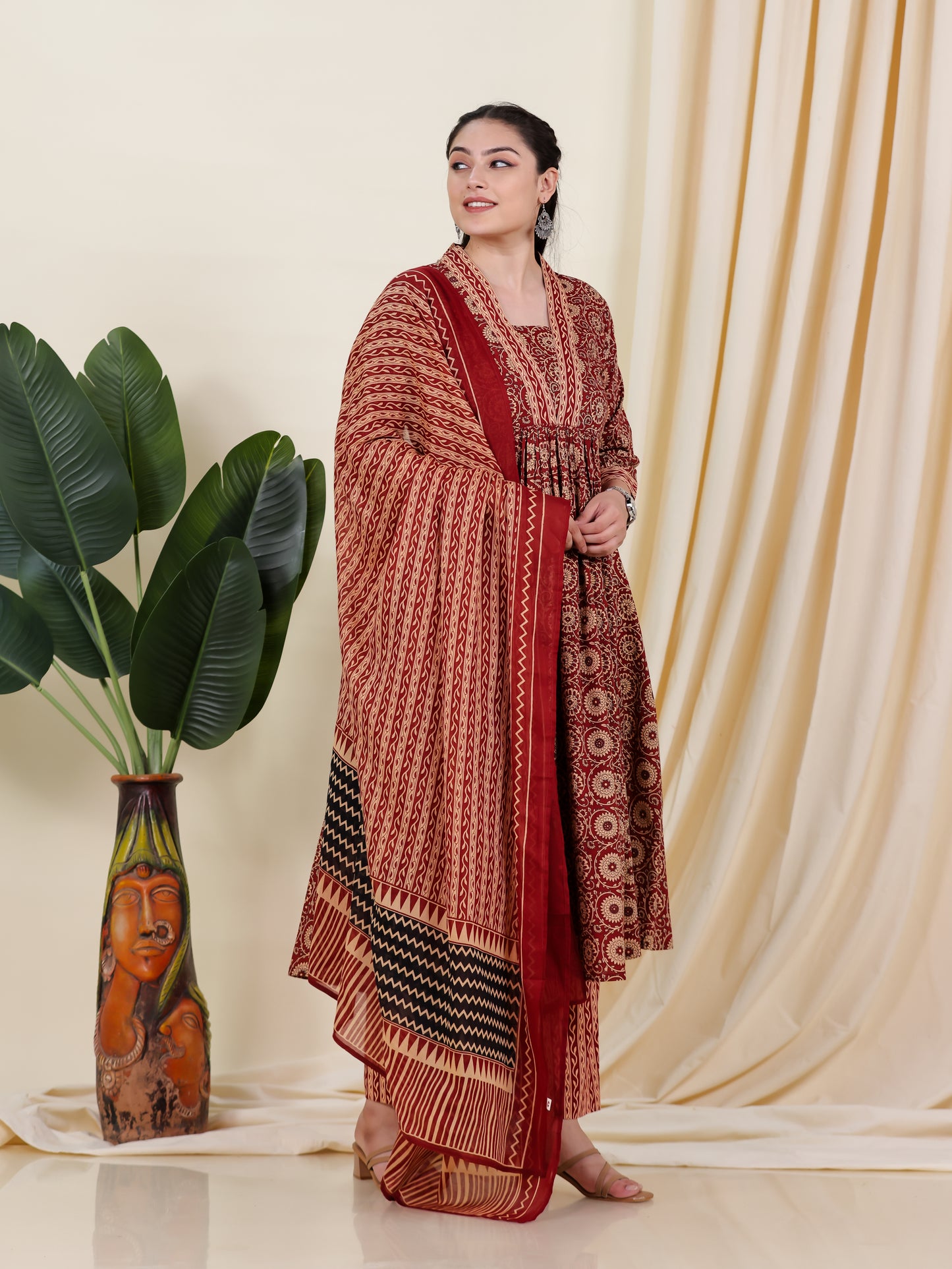 Soft Cotton Floral Anarkali Rust Kurta