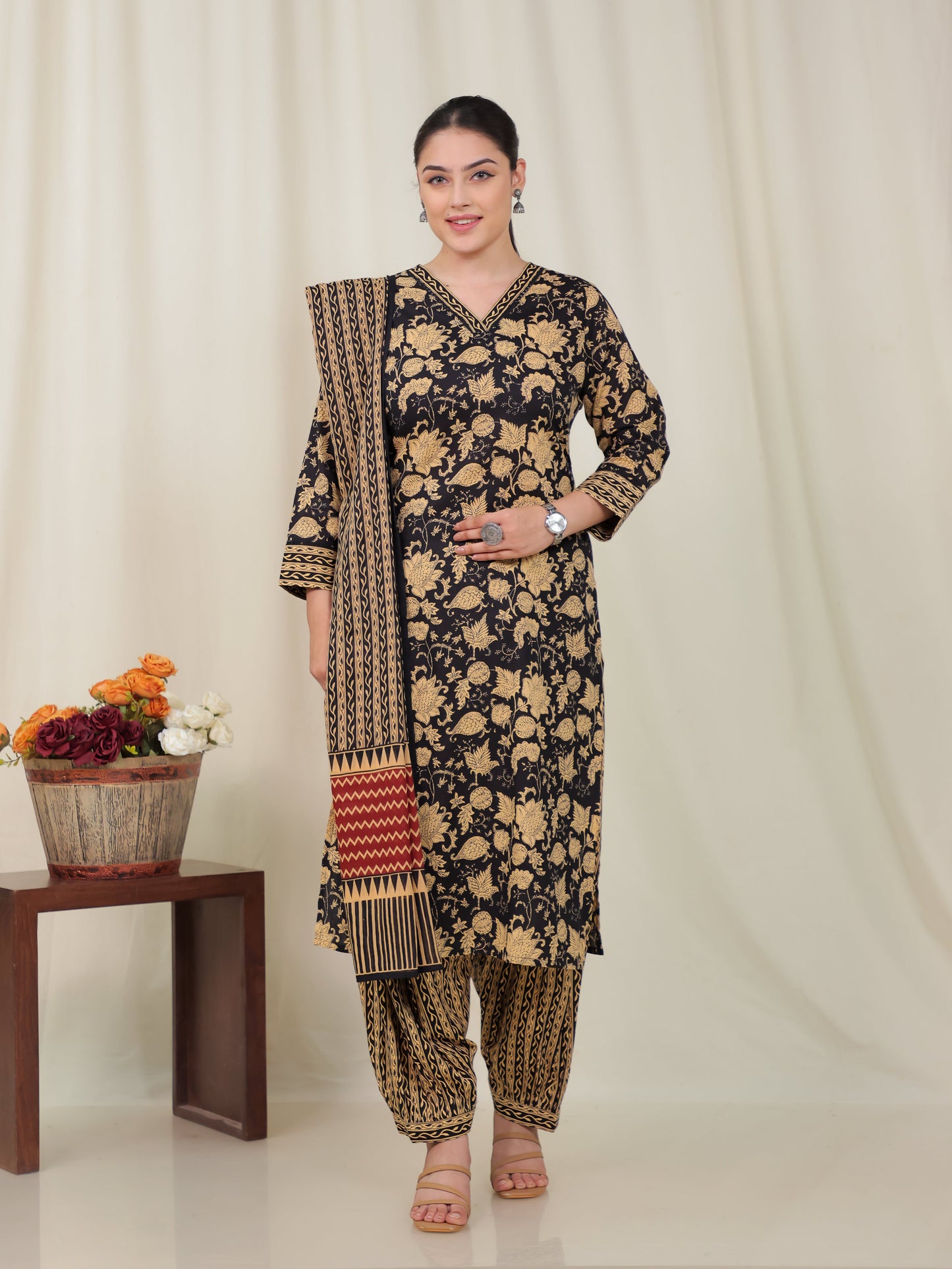 Cotton Voile Border print Black Dupatta