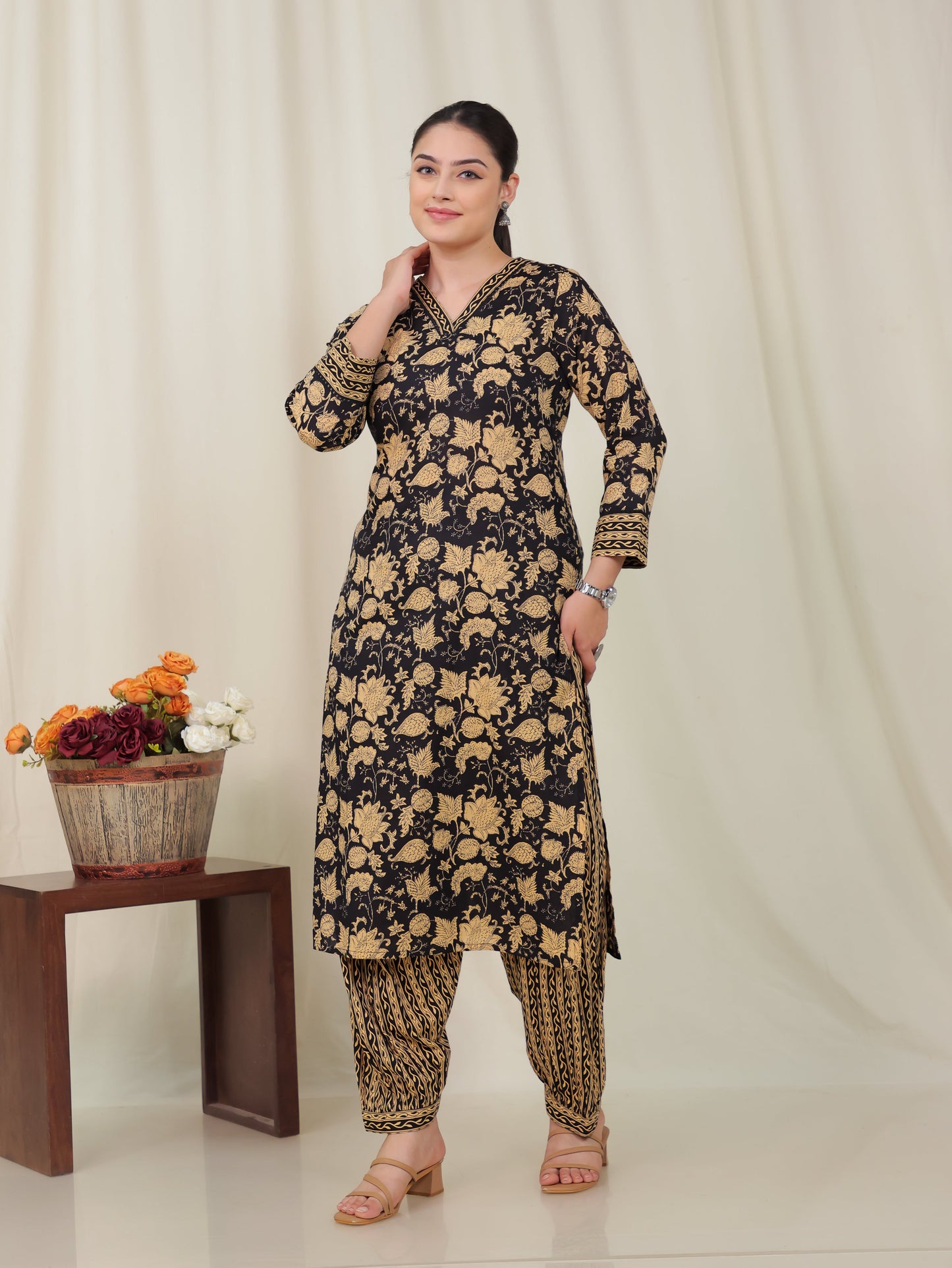 Soft Cotton Floral A-line Black Kurta