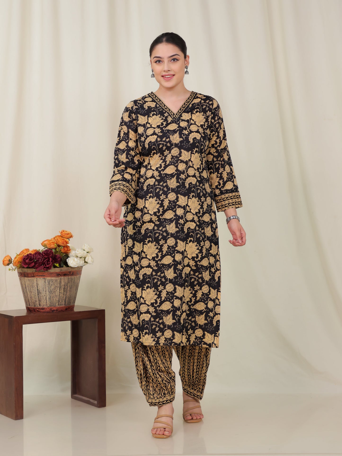 Soft Cotton Floral A-line Black Kurta