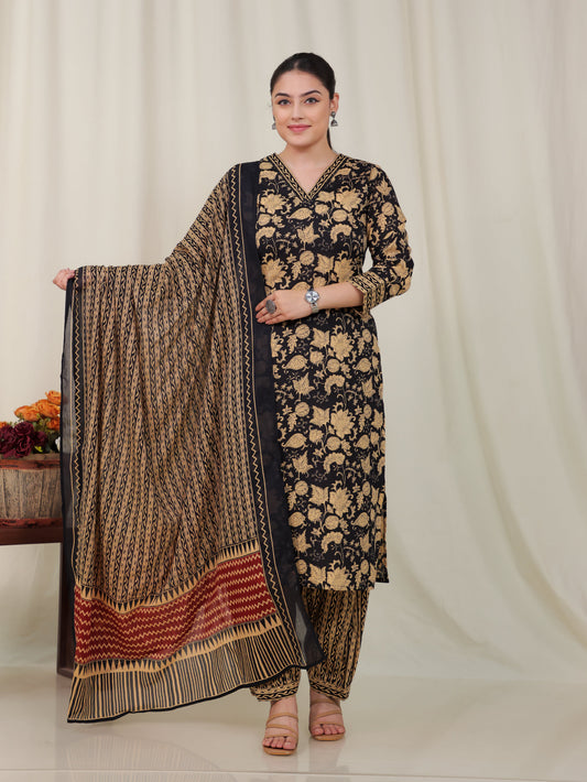 Soft Cotton Floral A-line Black Kurta