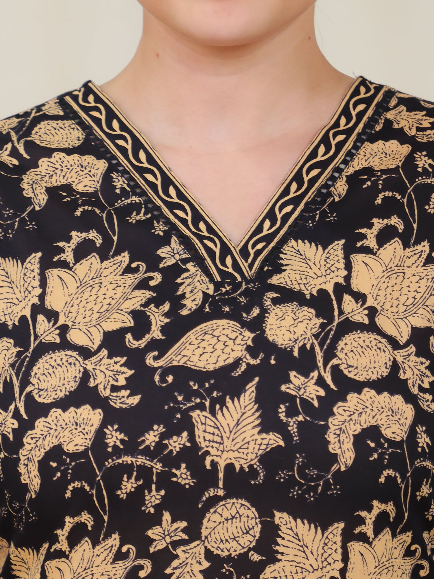 Soft Cotton Floral A-line Black Kurta