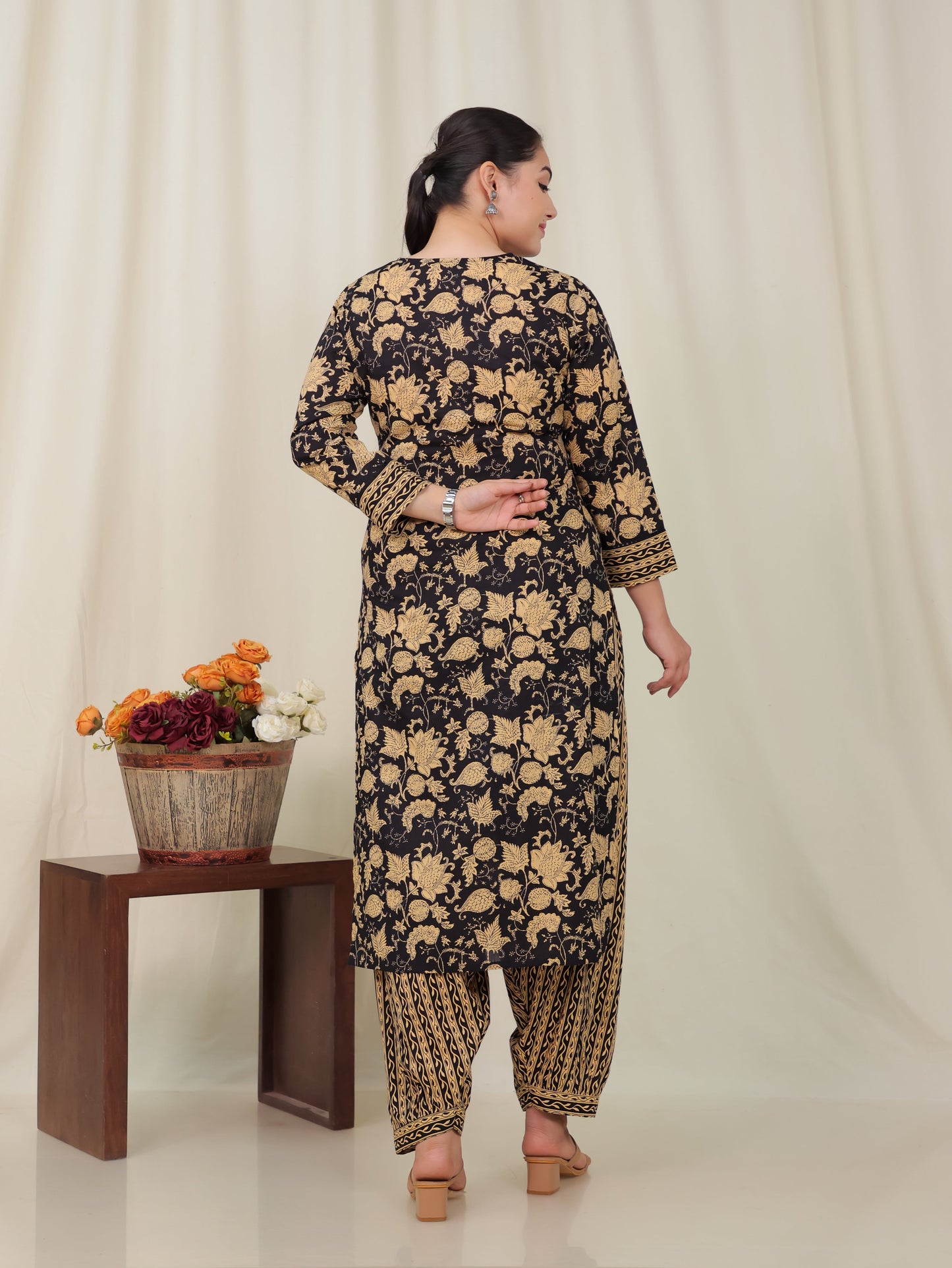 Soft Cotton Floral A-line Black Kurta