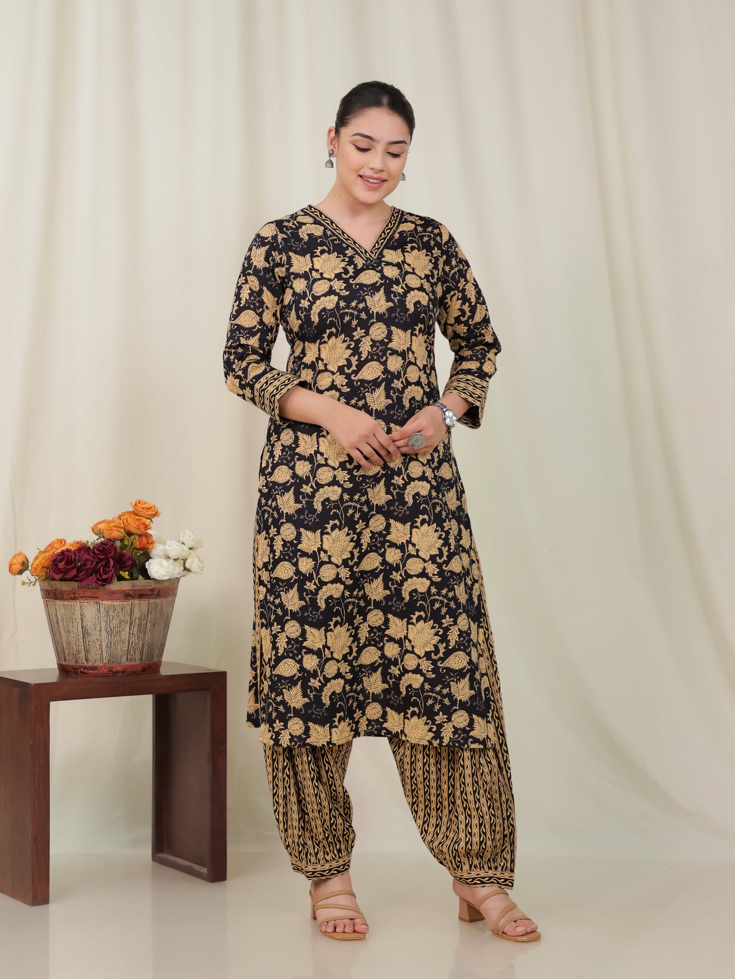 Soft Cotton Floral A-line Black Kurta
