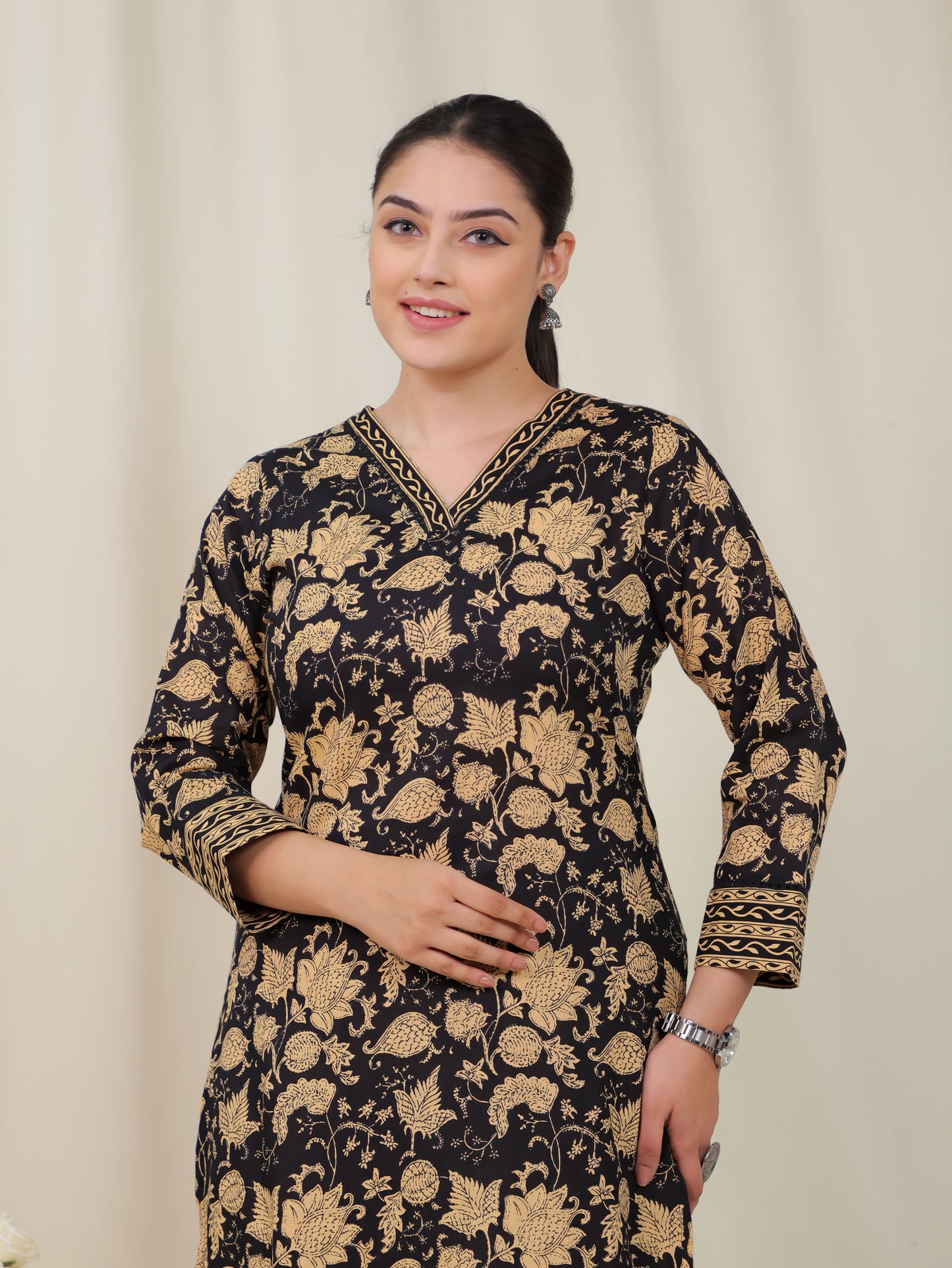 Soft Cotton Floral A-line Black Kurta