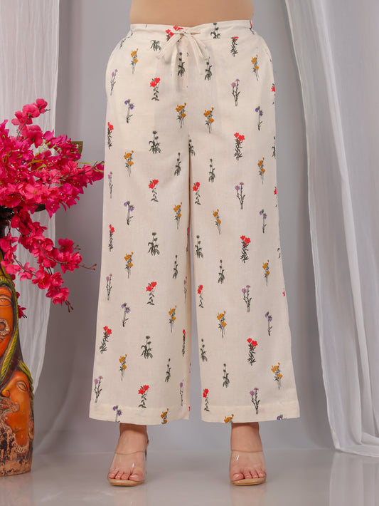 Linen Cotton Floral Off White  Trousers