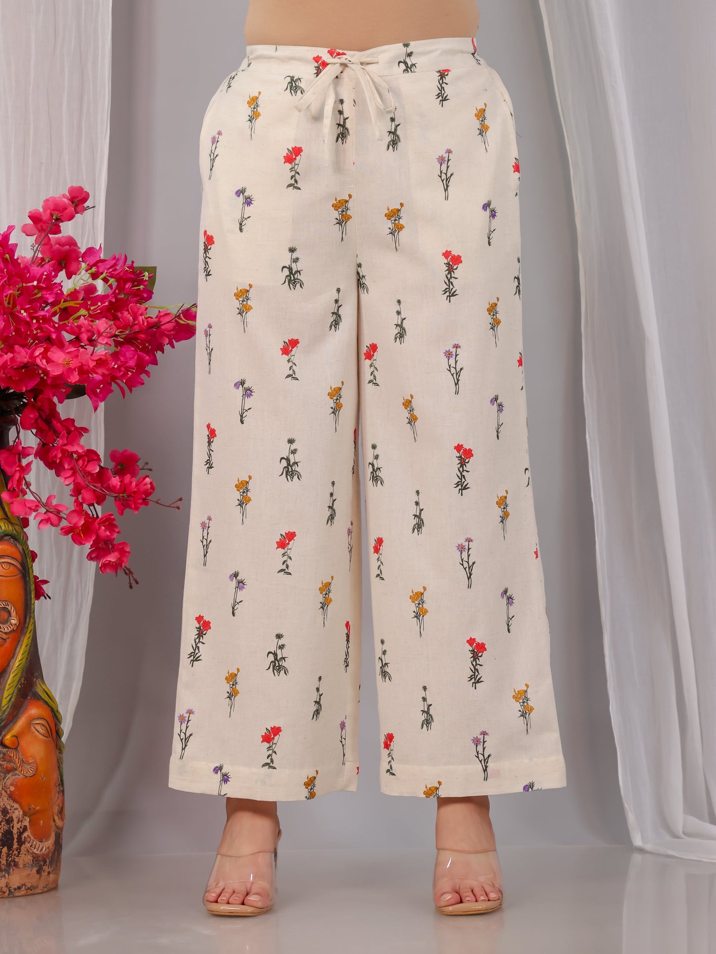 Linen Cotton Floral Off White  Trousers