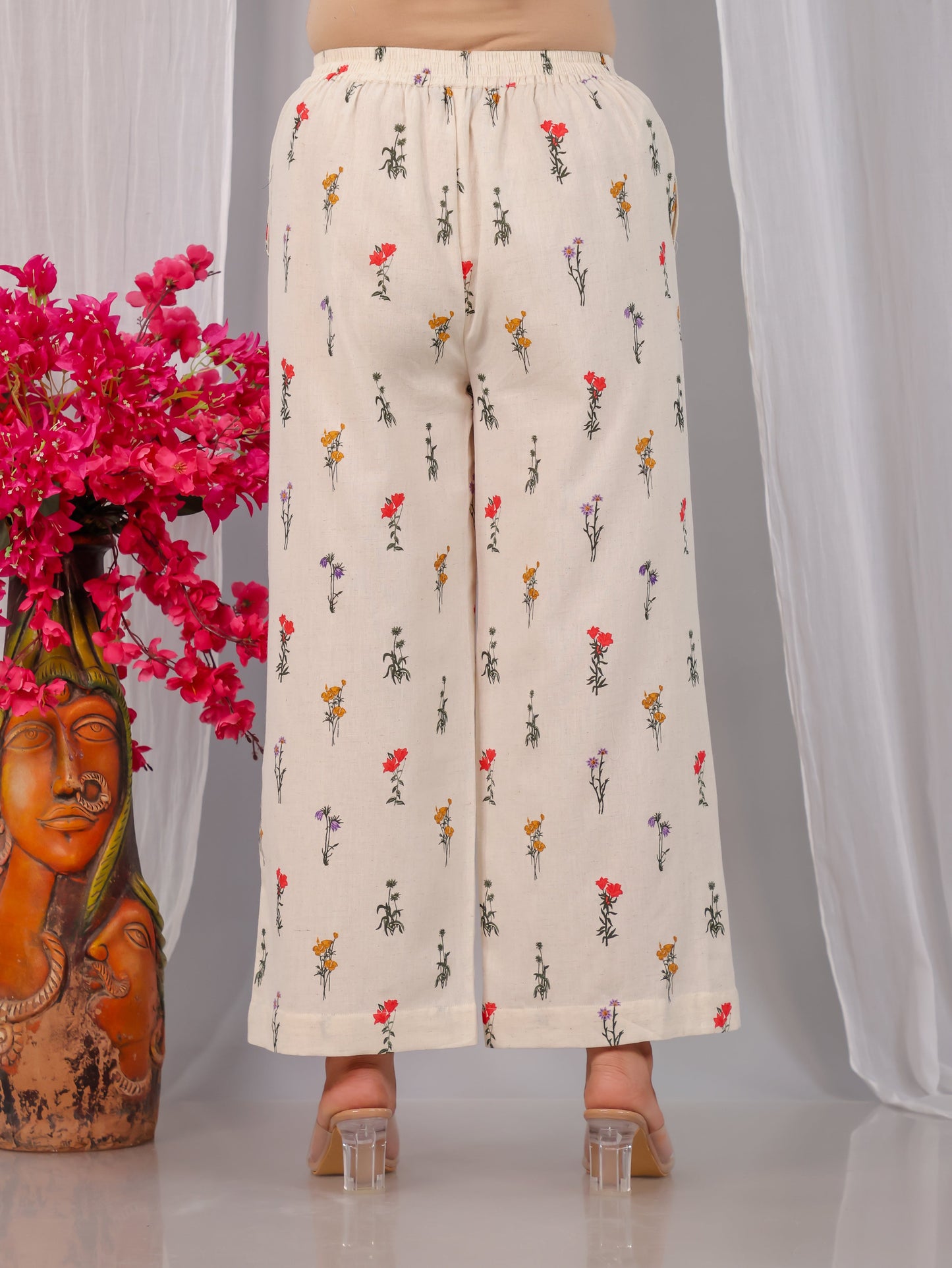 Linen Cotton Floral Off White  Trousers