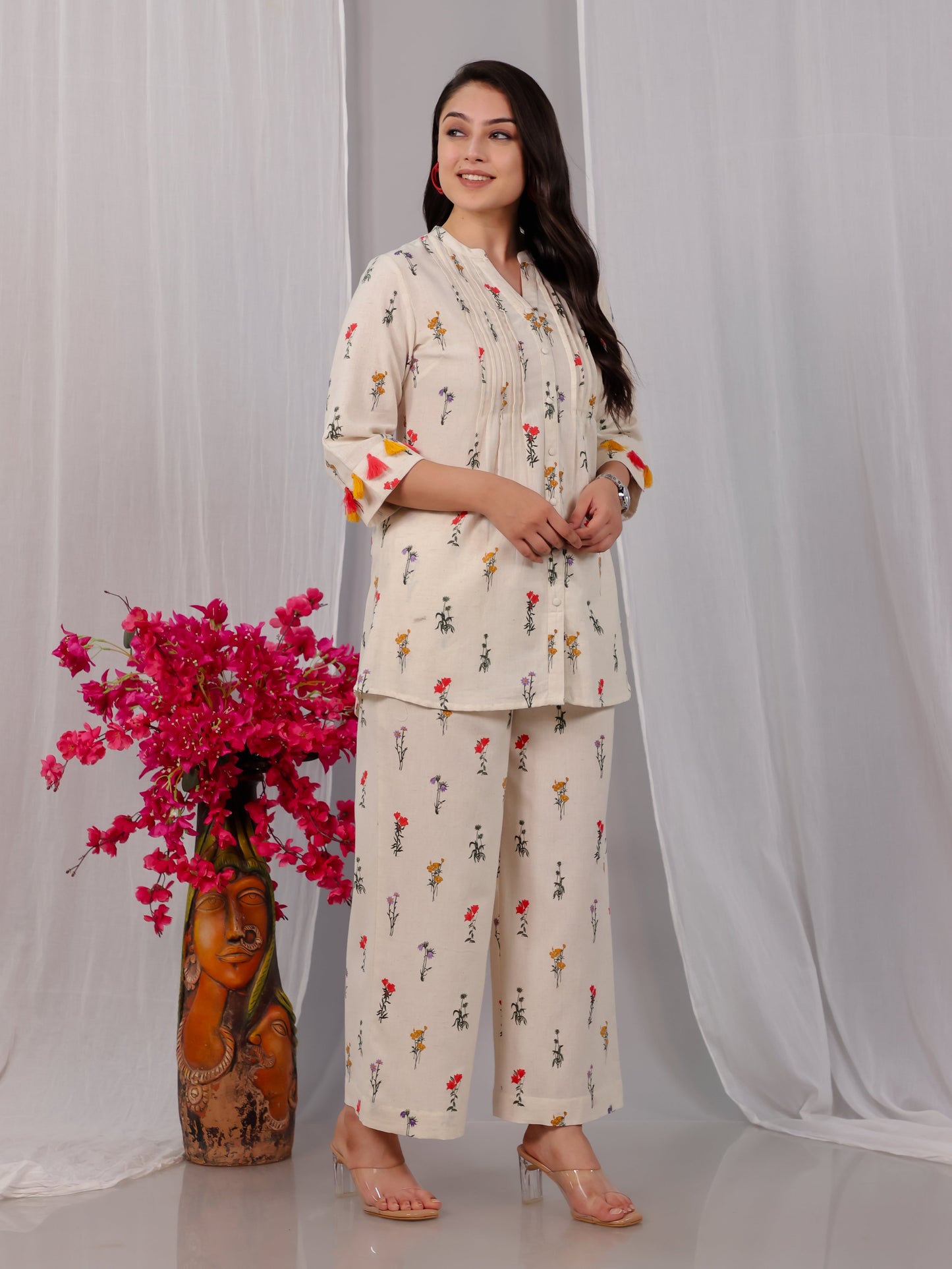 Linen Cotton Floral Straight Off White Kurta