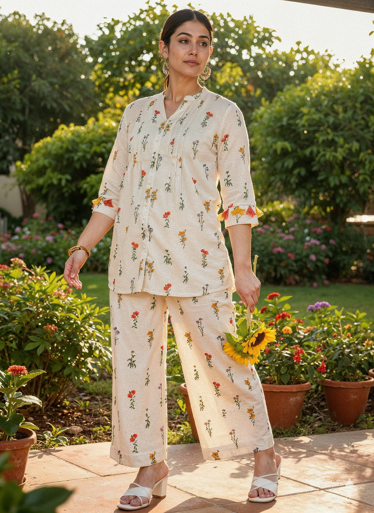 Linen Cotton Floral Straight Off White Kurta