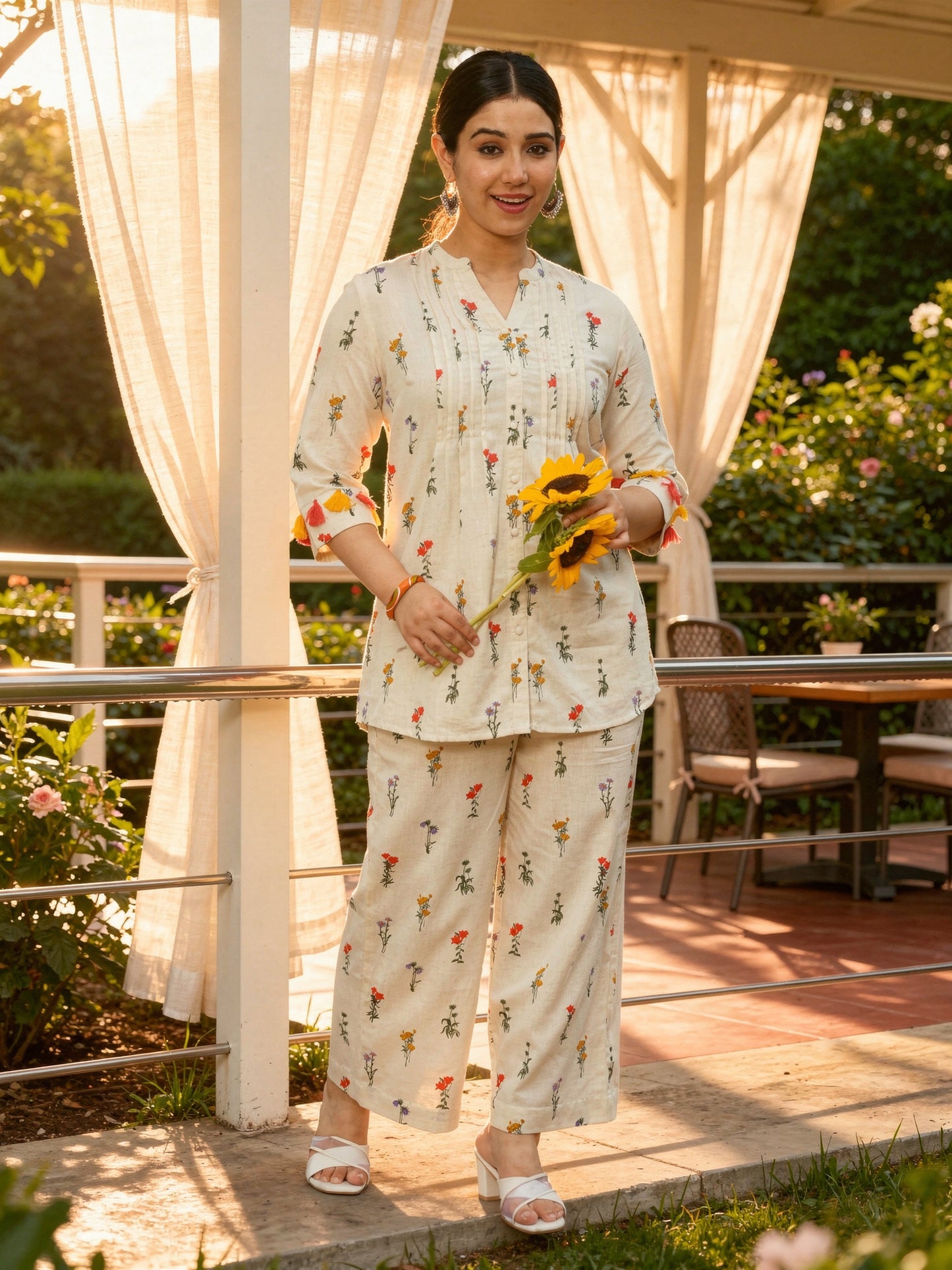 Linen Cotton Floral Straight Off White Kurta